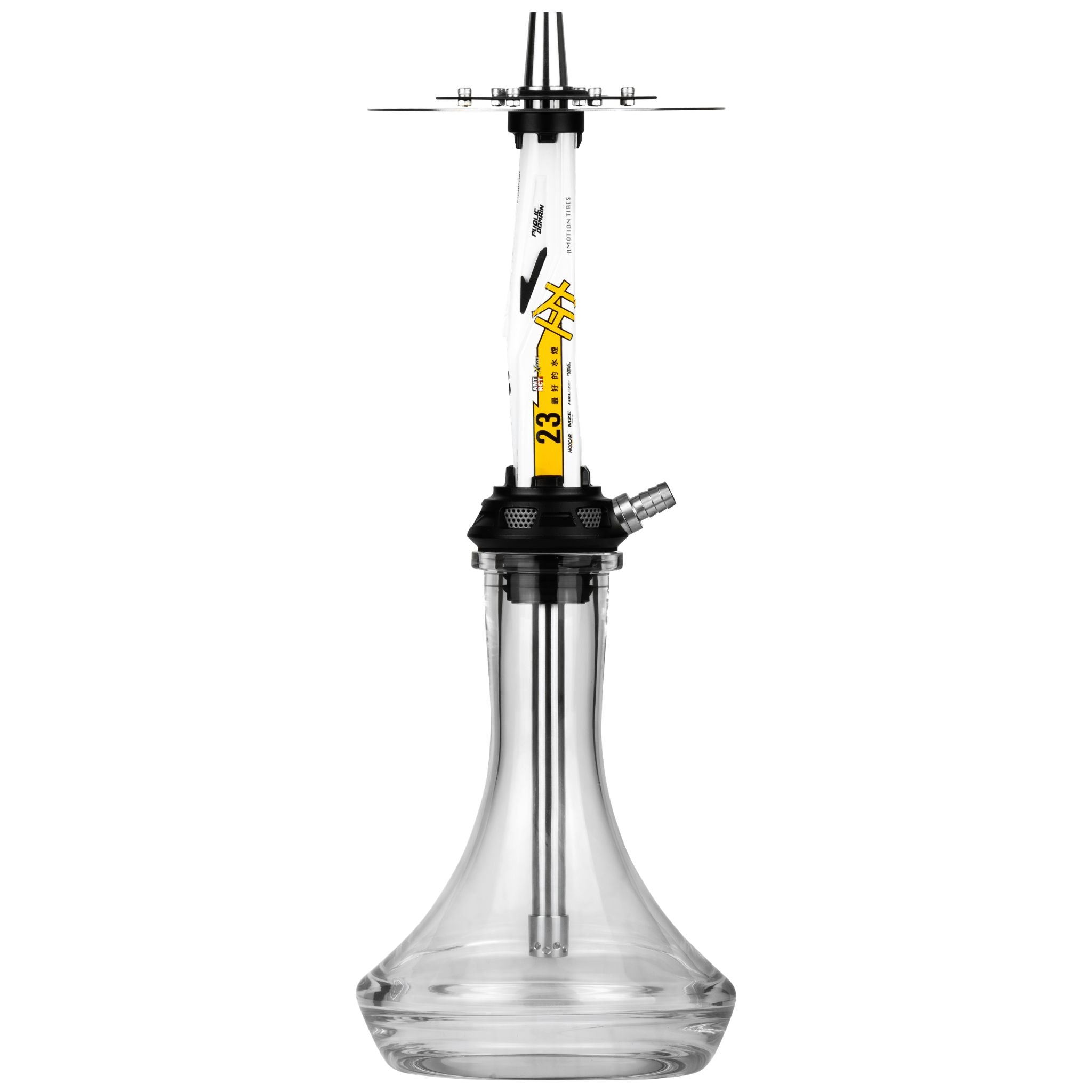Side view of the Amotion Valve AM23 shisha with the single stainless steel hose connector and MZE Racing Line graphics on the sleeve