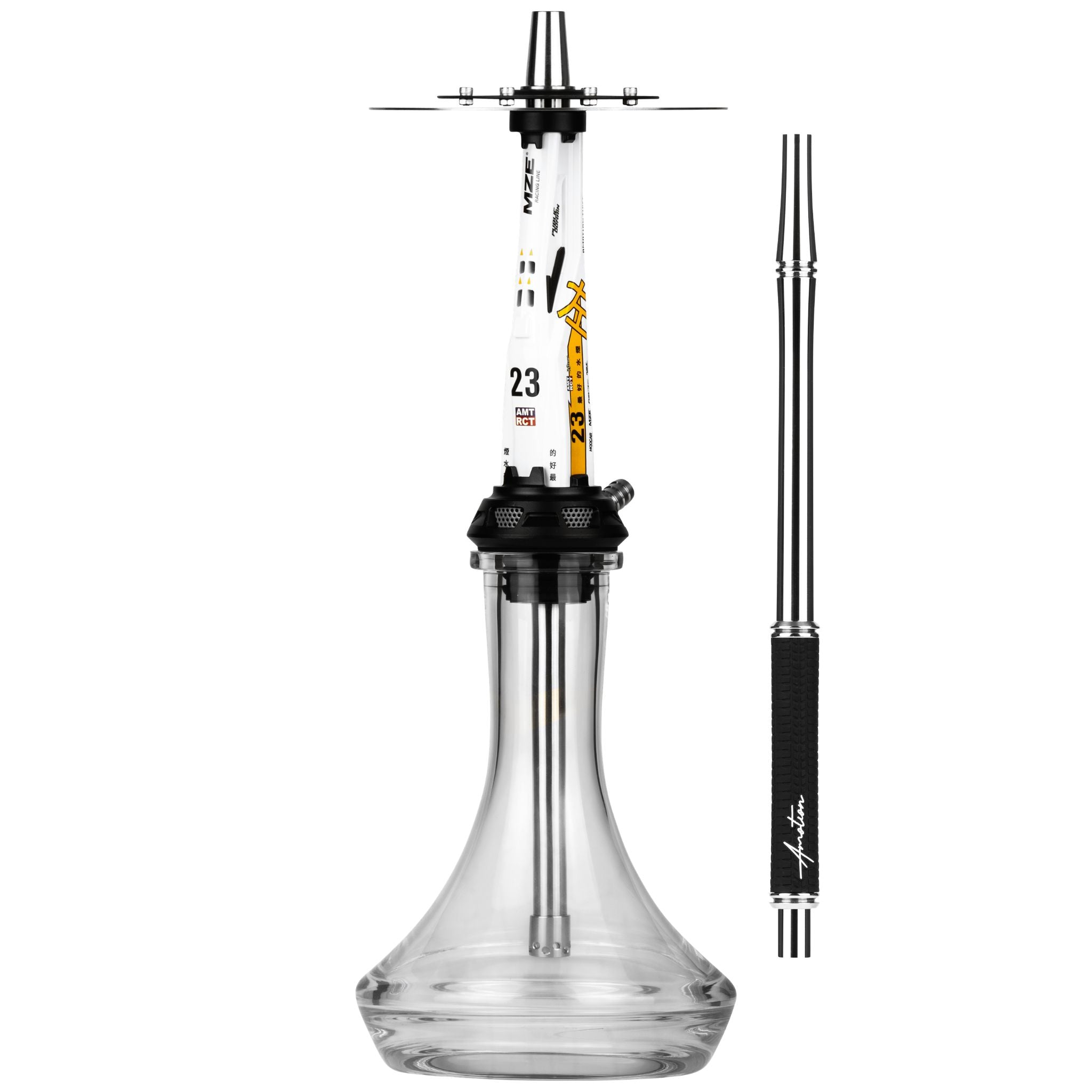 Amotion Valve AM23 shisha and matching braided mouthpiece, side view showing the brake-disc charcoal plate and clear plug-in glass base