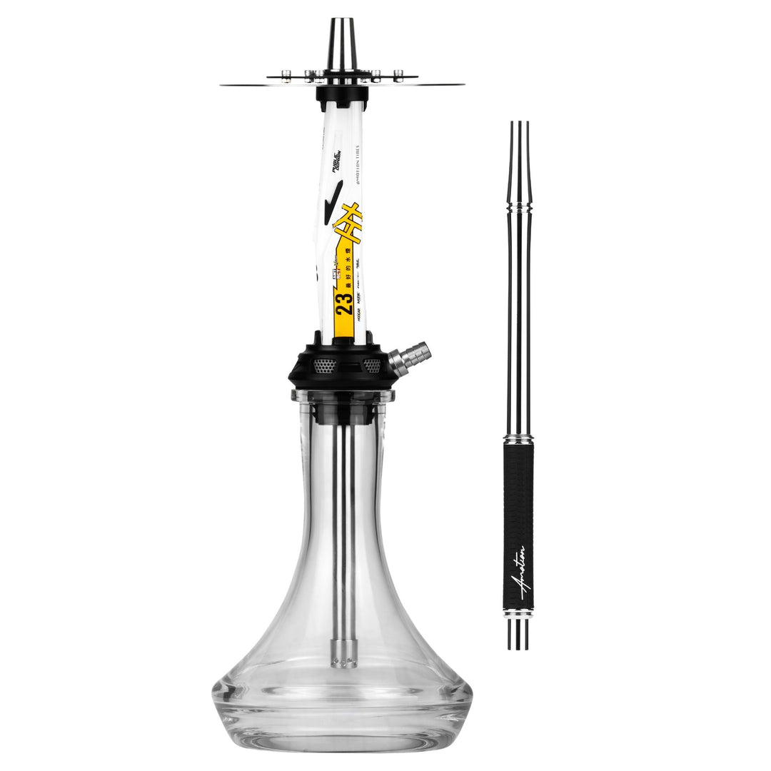 Amotion Valve AM23 shisha in white-and-yellow race livery, shown with the included colour-matched braided mouthpiece