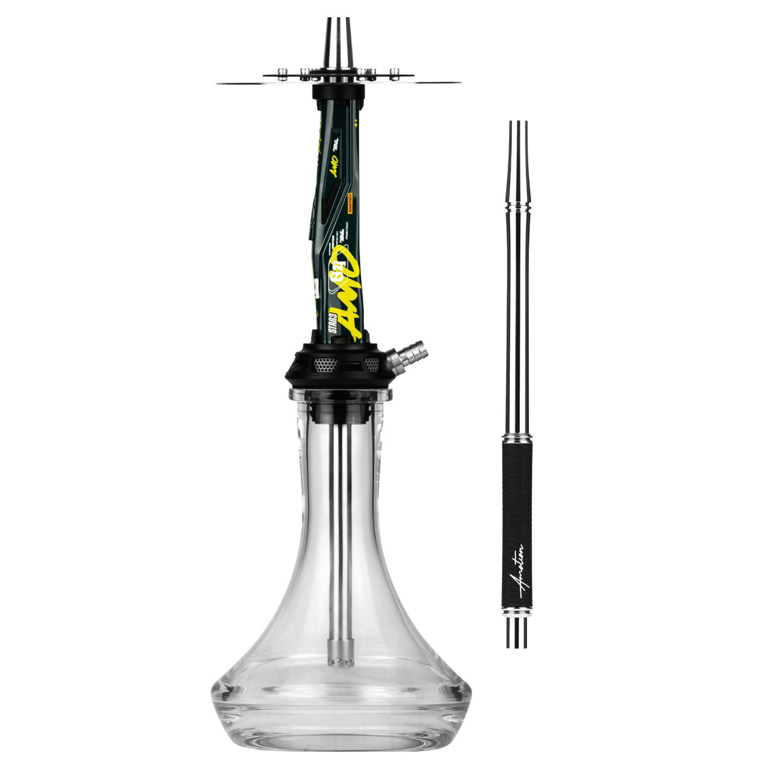 Amotion Valve AM84 shisha in deep British racing green with yellow accents, shown with the included colour-matched mouthpiece