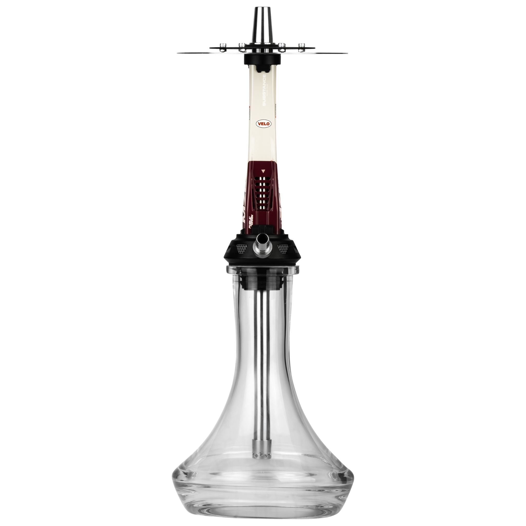 Amotion Valve GT12 shisha with the racing-exhaust blow-off purge vents facing forward, beige and red gloss sleeve and clear glass base