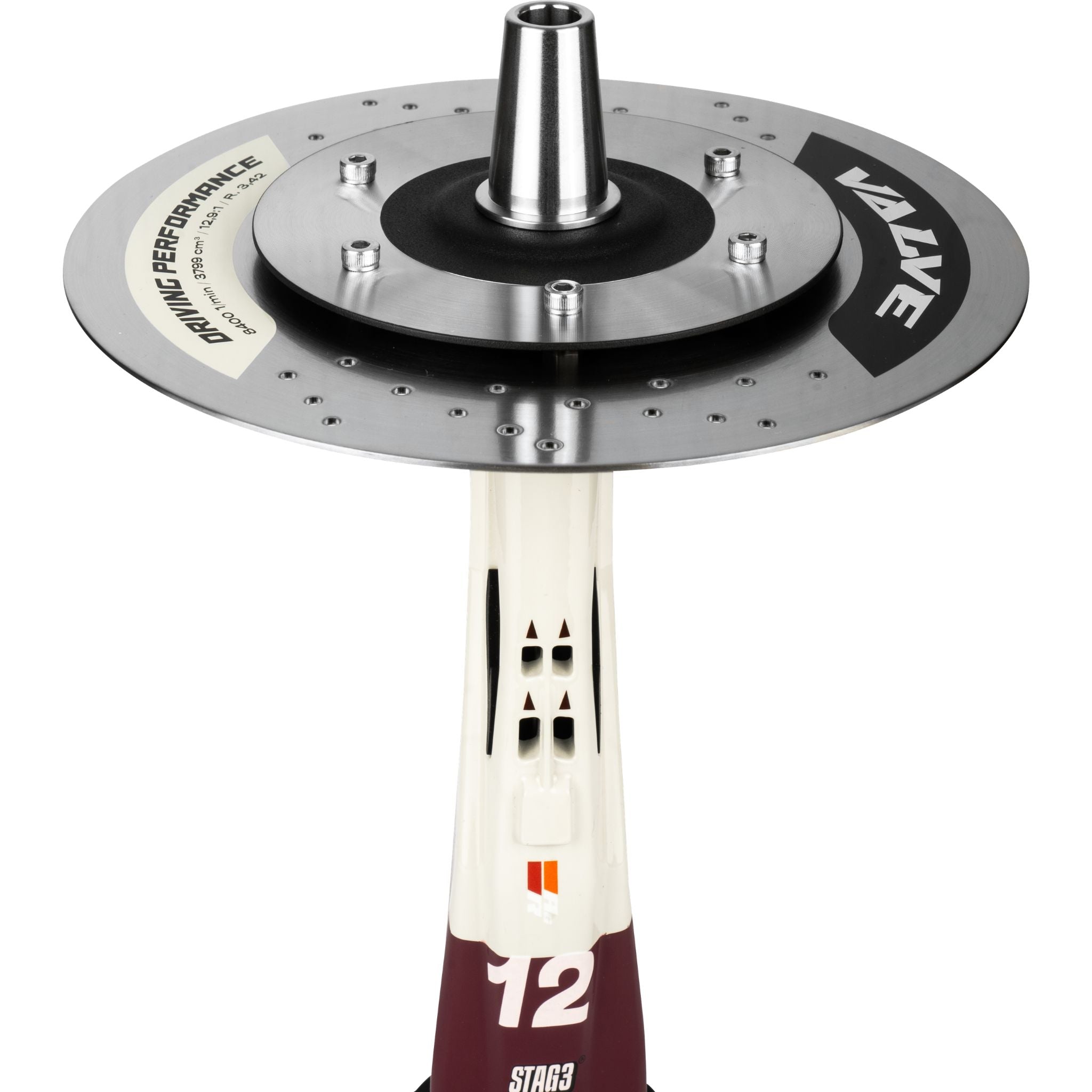 Top view of the Amotion Valve GT12 brake-disc charcoal plate engraved VALVE Driving Performance, with the central bowl-adapter cone