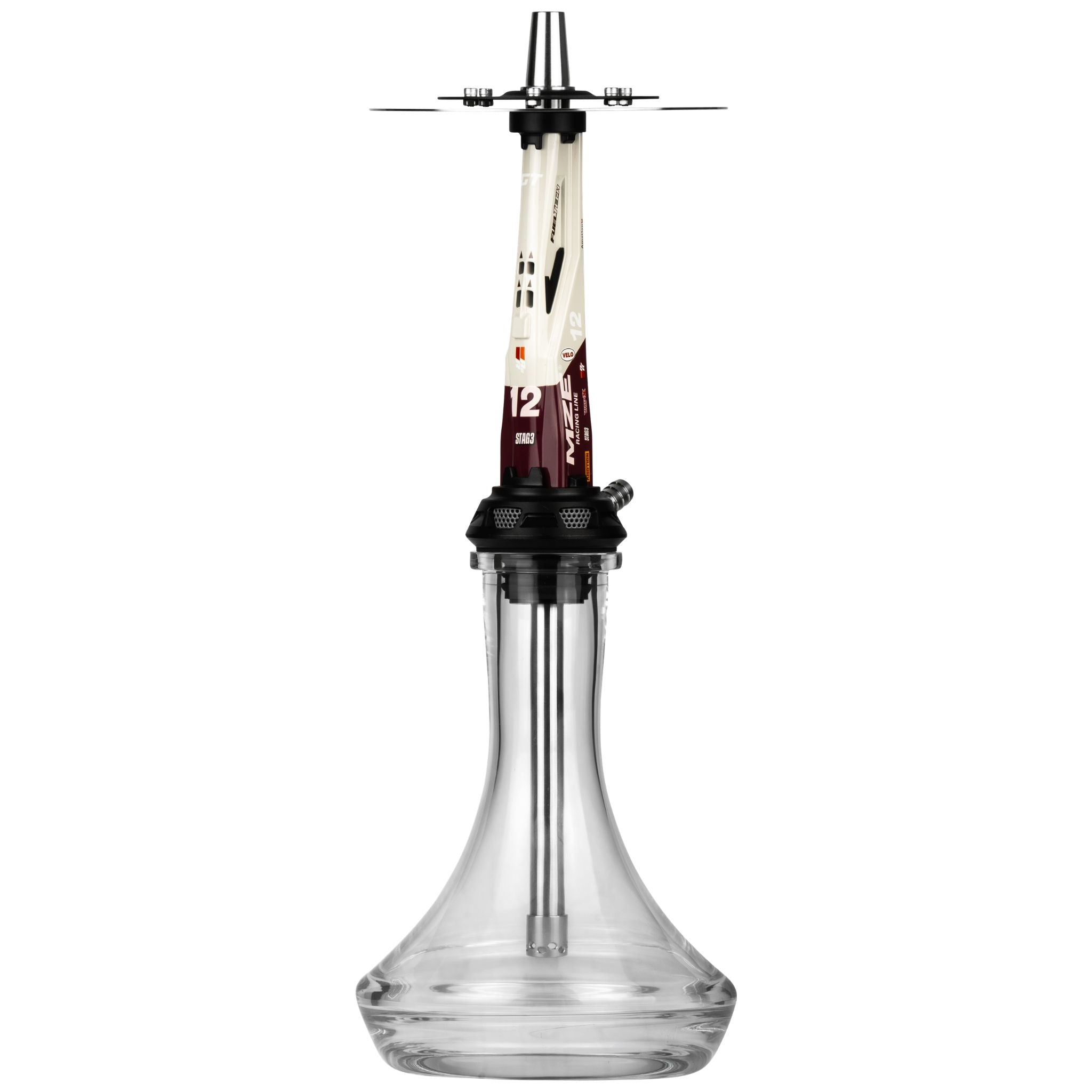 Amotion Valve GT12 shisha front view, the 52cm motorsport flagship with high-gloss painted-aluminium sleeve and MZE racing-line decals