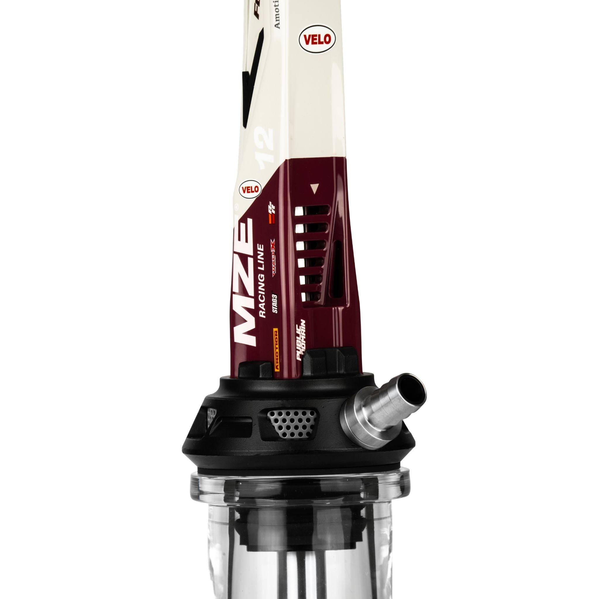 Detail of the Amotion Valve GT12 stainless steel hose connector and purge blow-off vents on the black base above the clear glass base