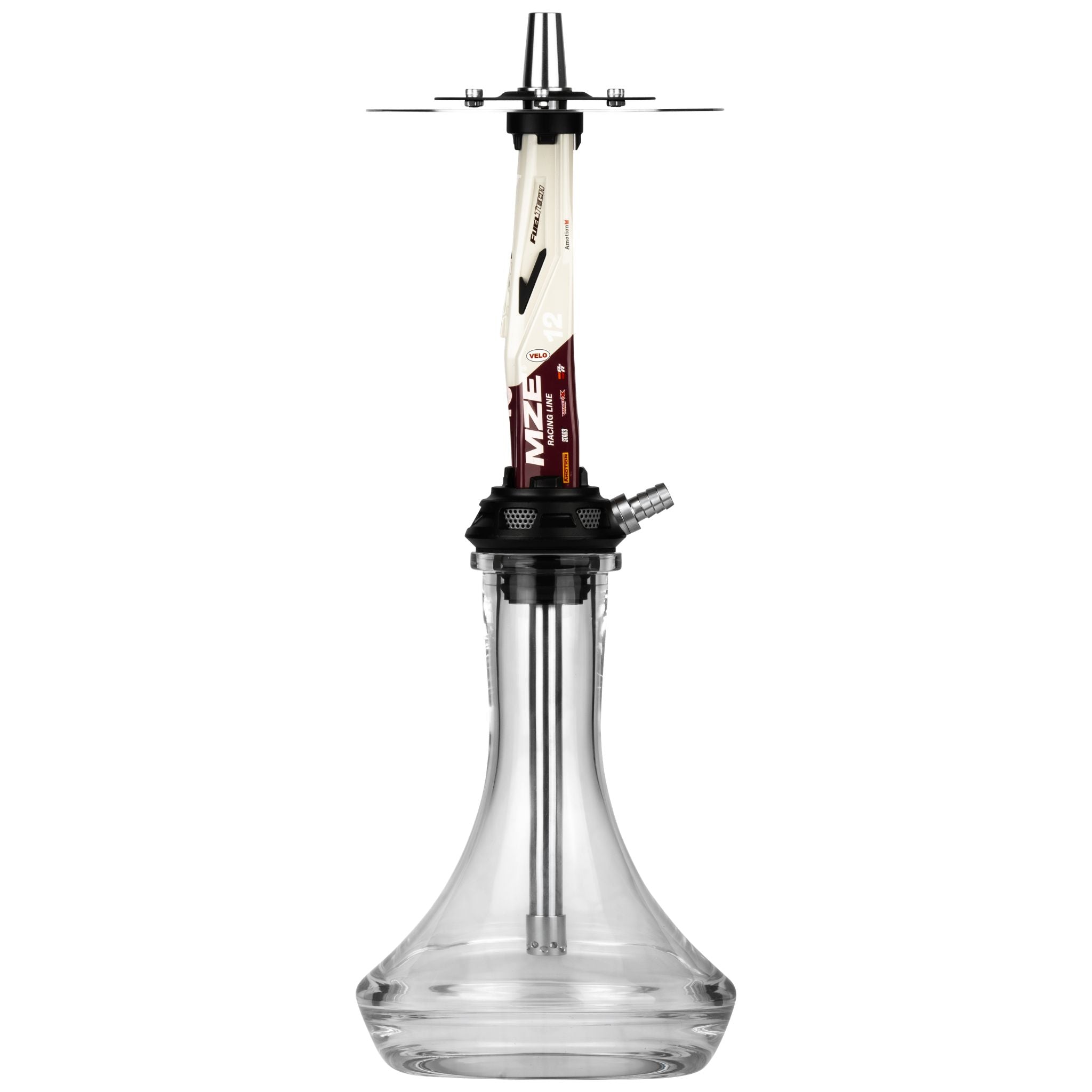 Side view of the Amotion Valve GT12 shisha with the single stainless steel hose connector and MZE Racing Line graphics on the sleeve