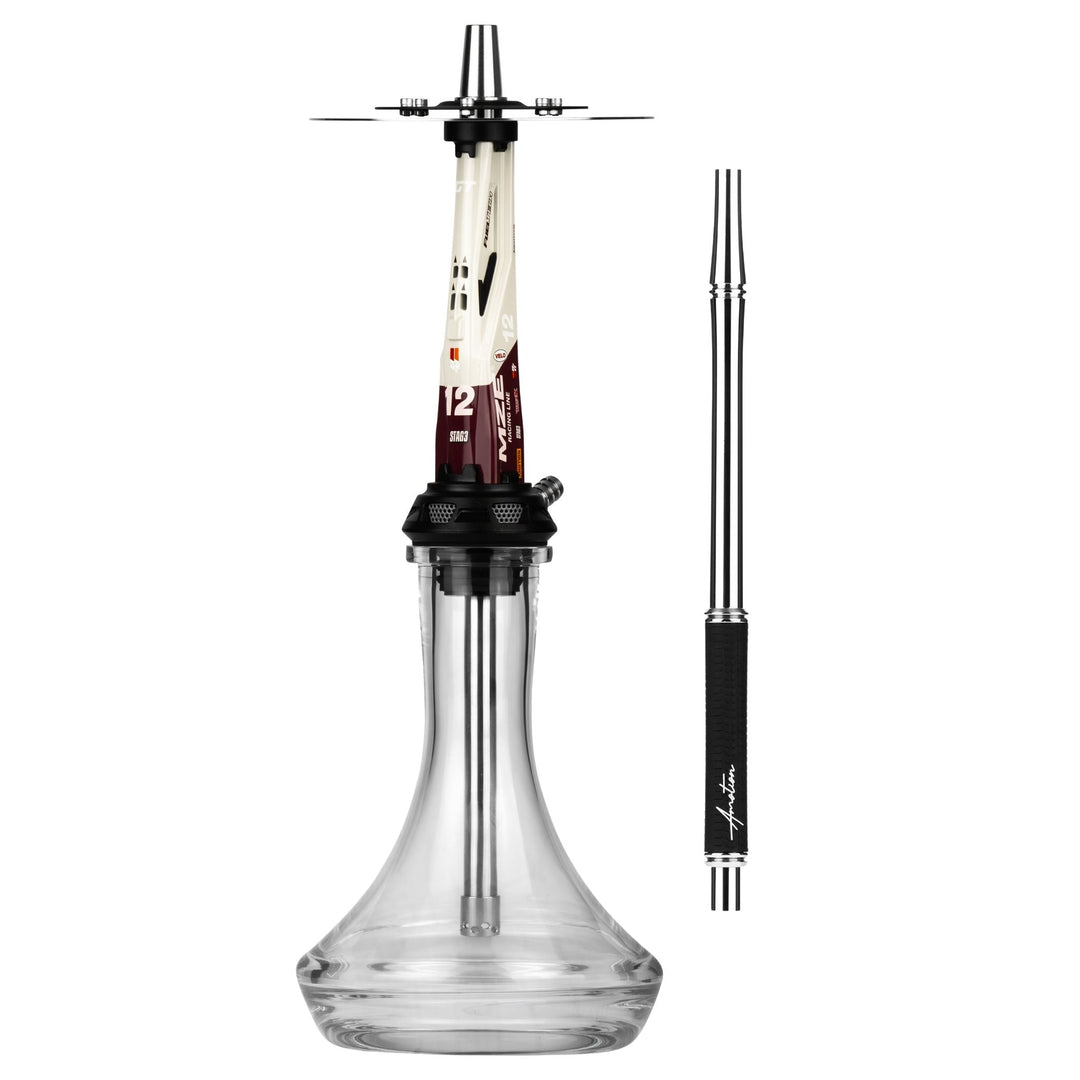 Amotion Valve GT12 shisha in beige and red GT-racing gloss, shown with the included colour-matched braided mouthpiece
