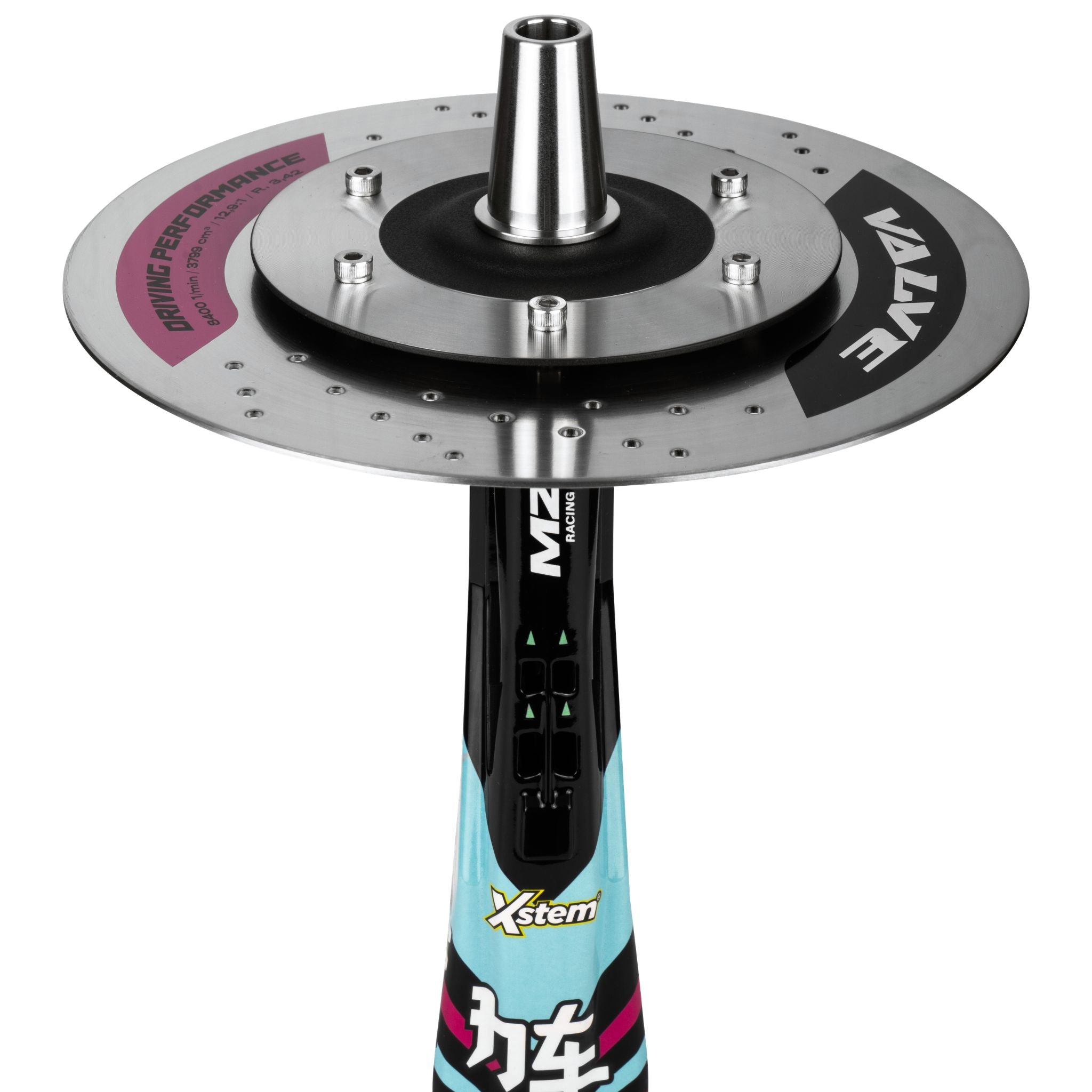 Top view of the Amotion Valve MZ54 brake-disc charcoal plate engraved VALVE Driving Performance, with the central bowl-adapter cone