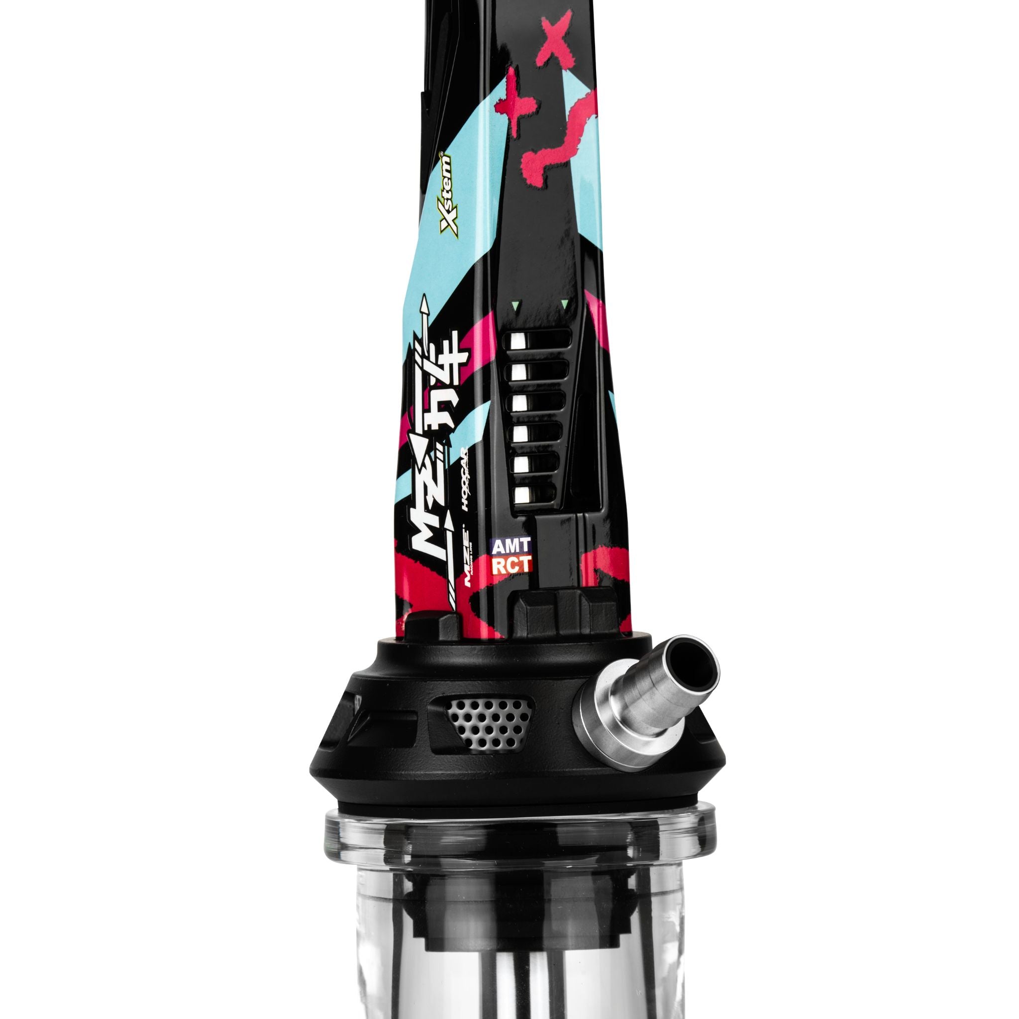 Detail of the Amotion Valve MZ54 stainless steel hose connector and purge blow-off vents on the black base above the clear glass base