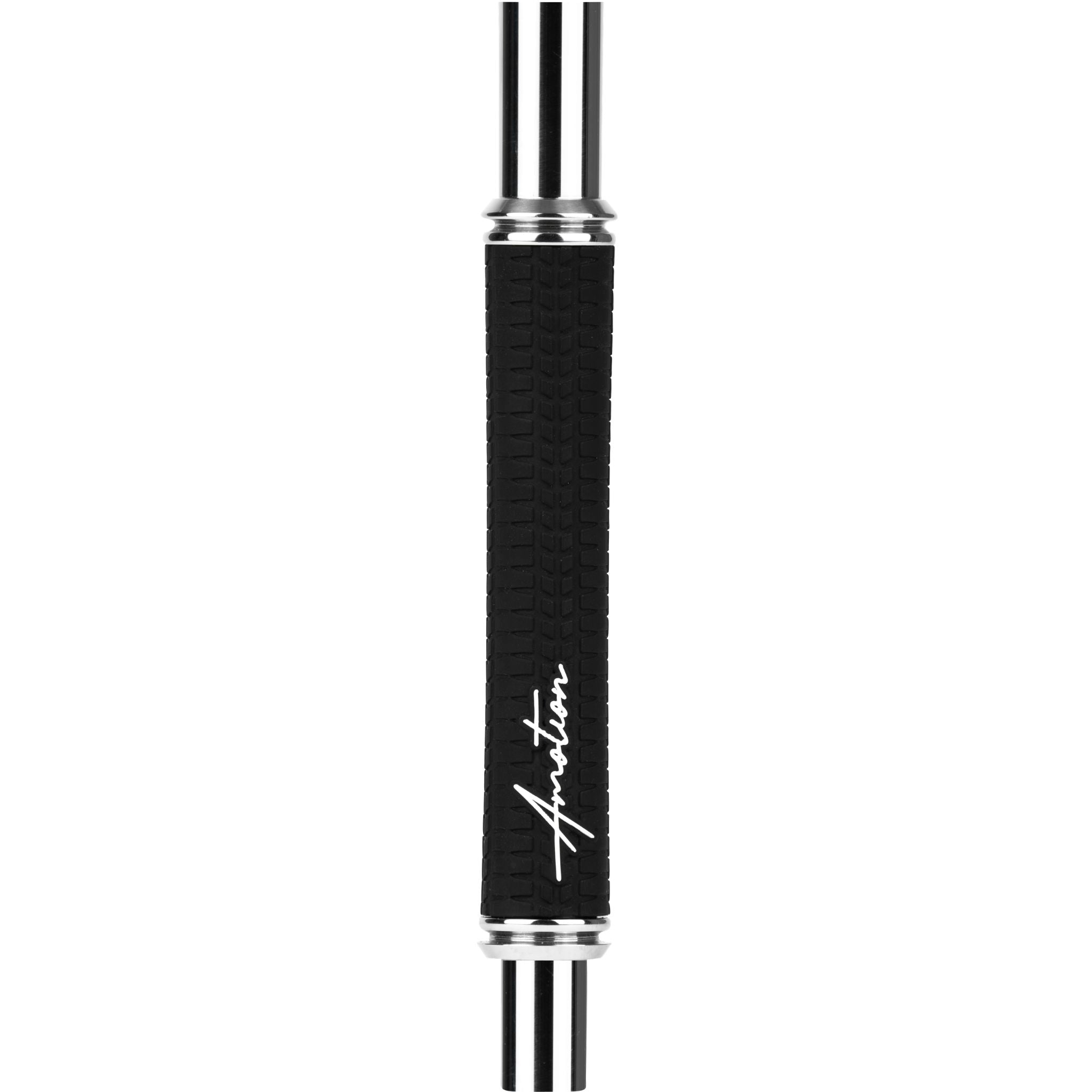 Close-up of the Amotion Valve mouthpiece grip showing the tyre-tread texture and Amotion signature on the MZ54-matched handle