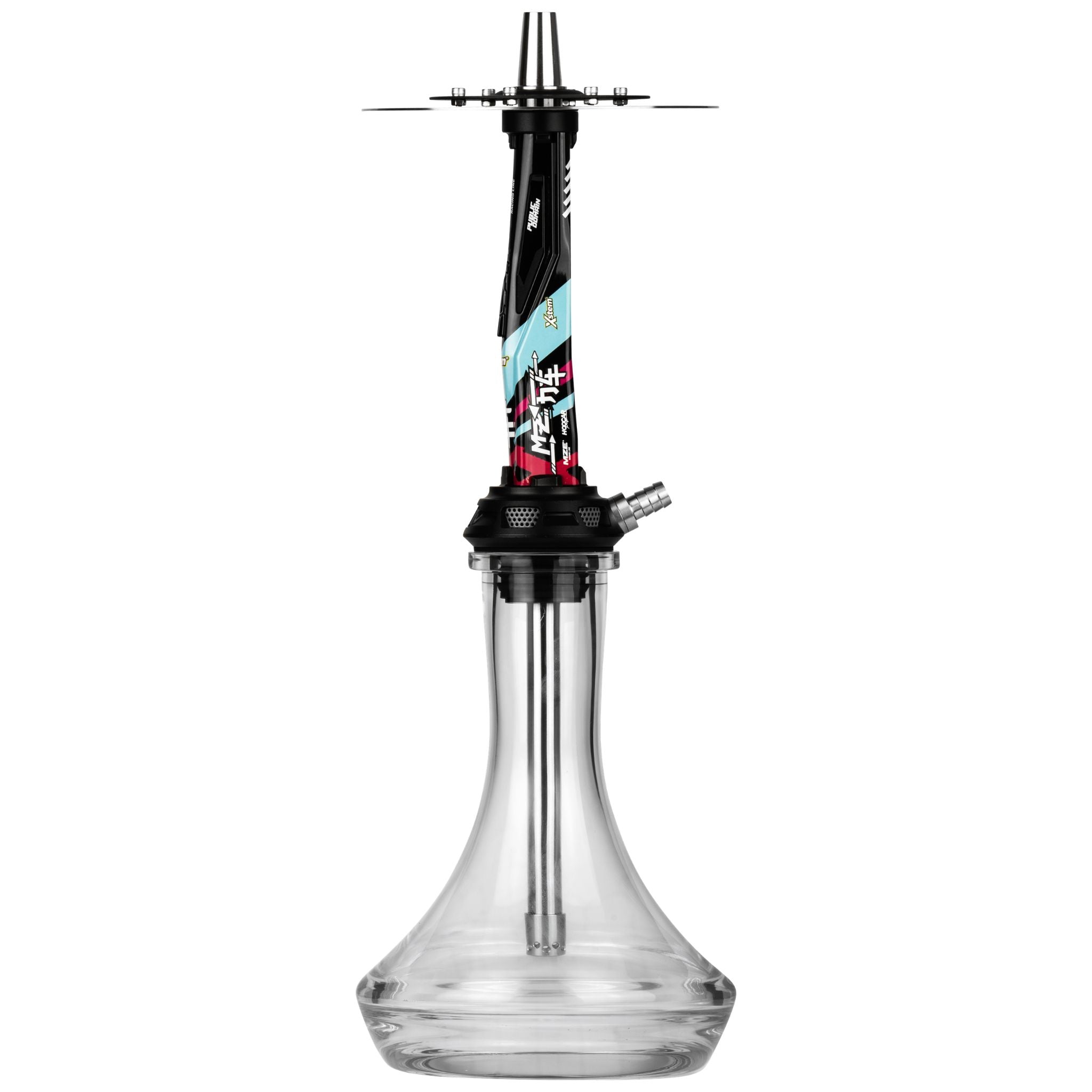 Side view of the Amotion Valve MZ54 shisha with the single stainless steel hose connector and MZE Racing Line graphics on the sleeve