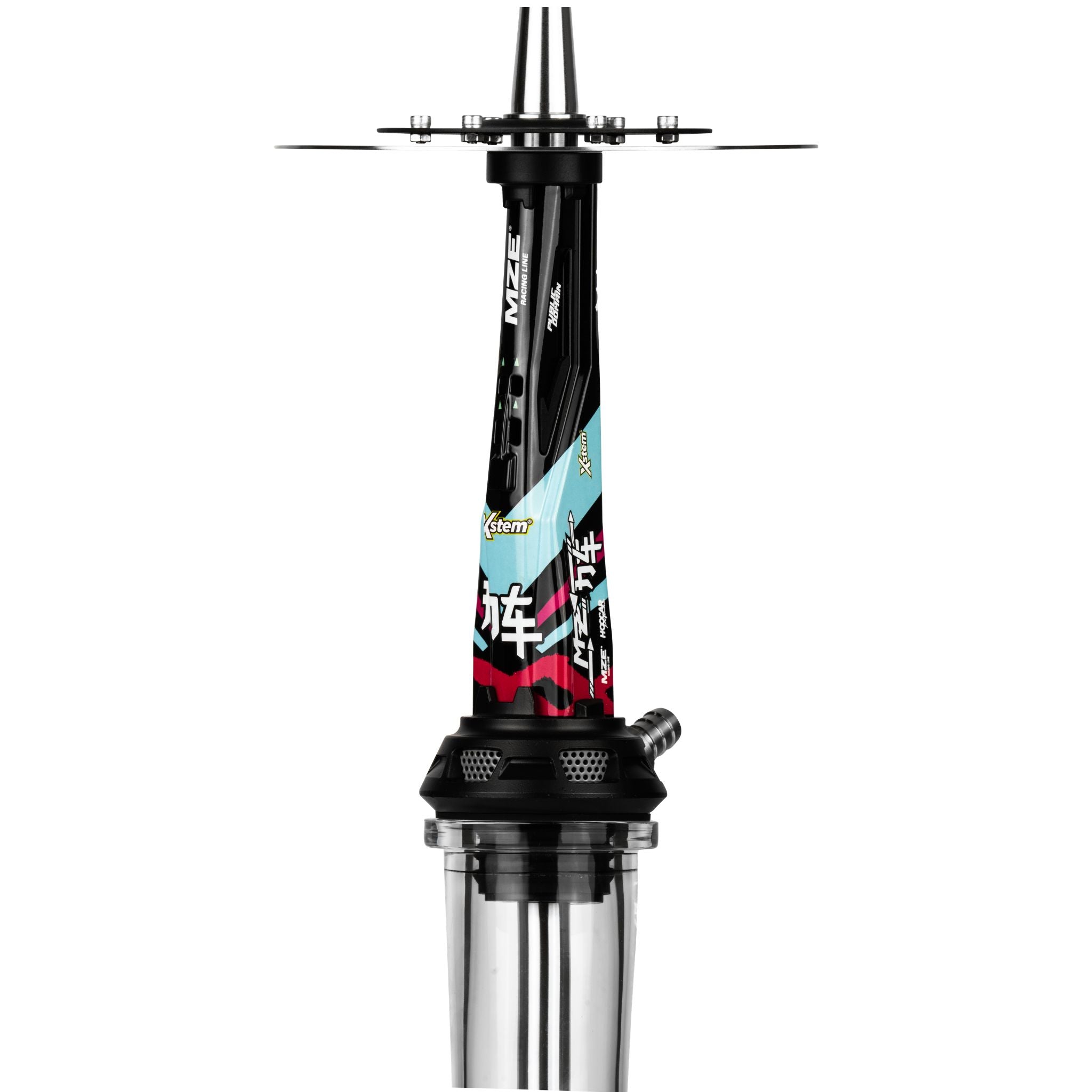 Close-up of the Amotion Valve MZ54 upper stem and dual stainless steel brake-disc charcoal plate above the glossy black race-livery sleeve