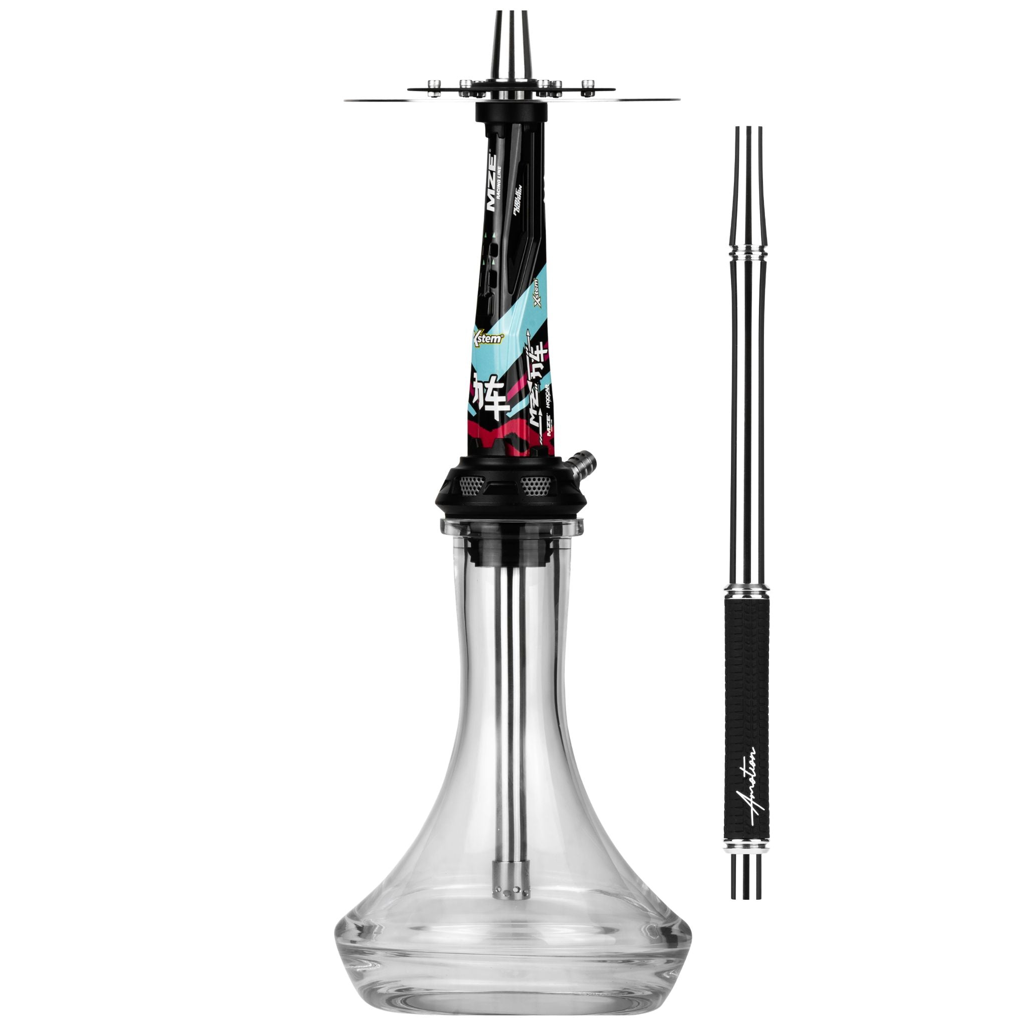 Amotion Valve MZ54 shisha and matching braided mouthpiece, side view showing the brake-disc charcoal plate and clear plug-in glass base