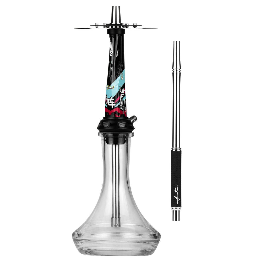 Amotion Valve MZ54 shisha in high-gloss black with red and turquoise race livery, shown with the included colour-matched mouthpiece