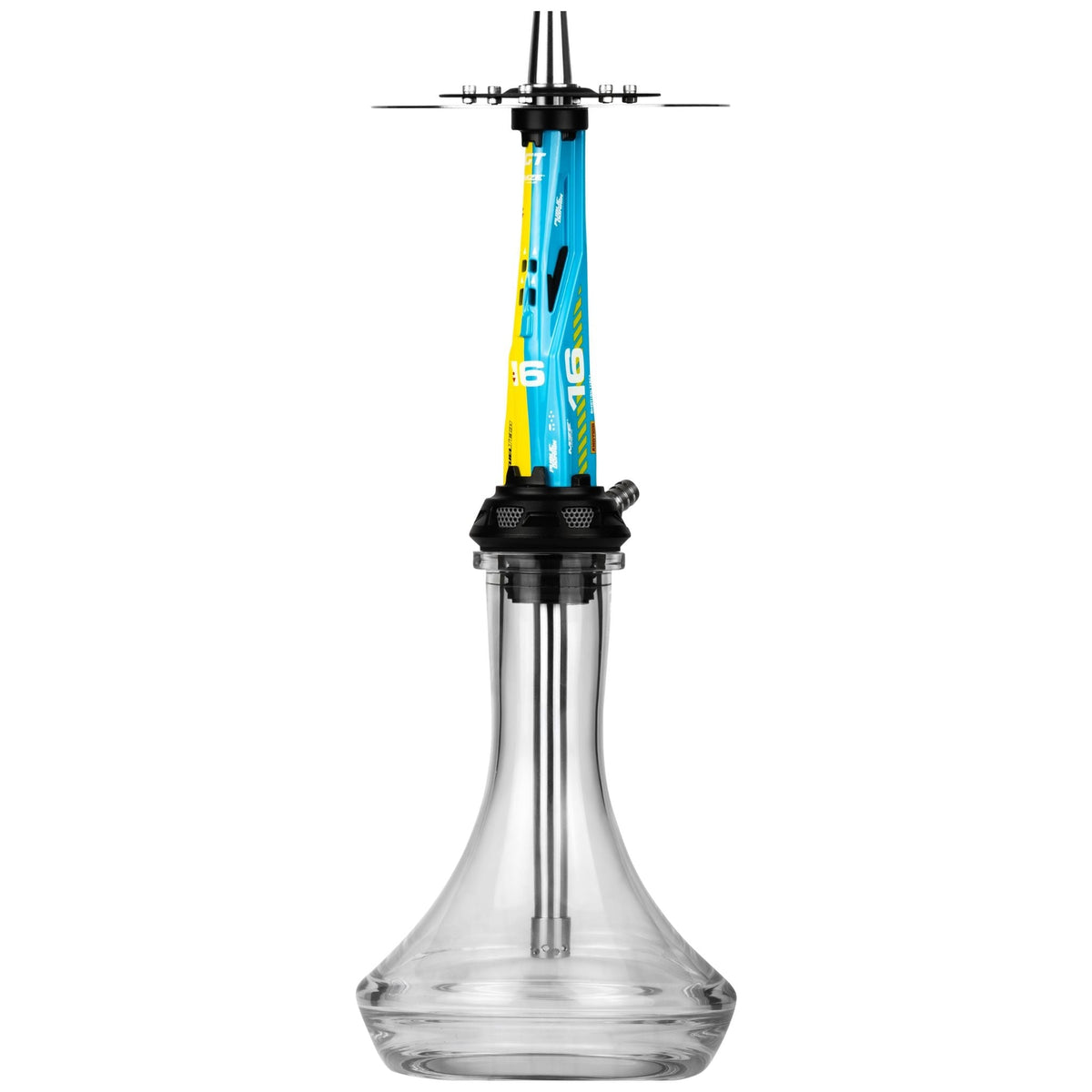 Amotion Valve X16 shisha front view, the 52cm motorsport flagship with high-gloss blue and yellow painted-aluminium sleeve and MZE decals, image 2 of 12