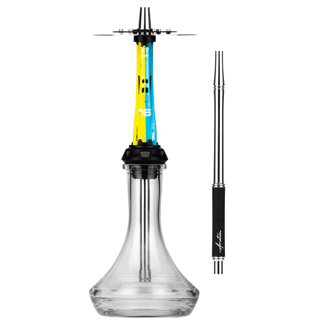 Amotion Valve X16 shisha in bright blue and yellow race livery, shown with the included colour-matched braided mouthpiece