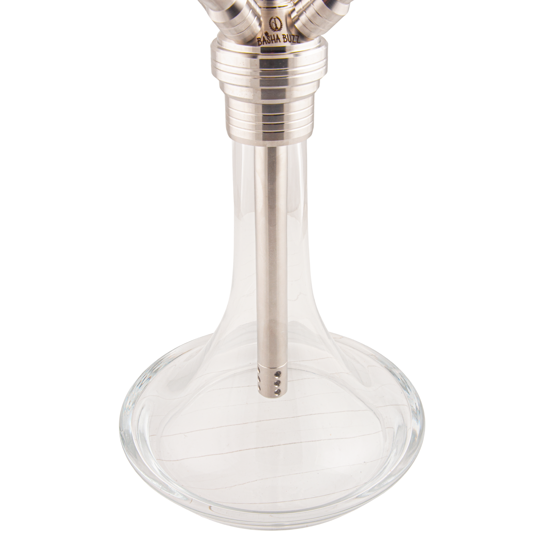 Basha Buzz Quad Sultan hookah clear glass base with stainless downstem — The Premium Way