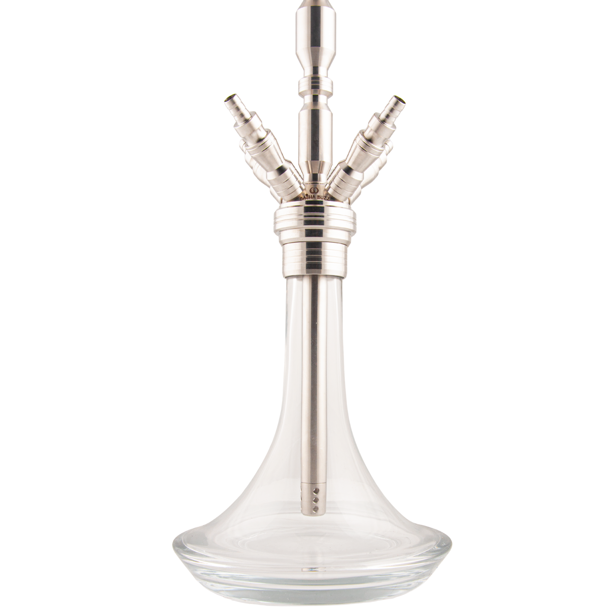 Basha Buzz Quad Sultan hookah stainless manifold on clear flared glass base — The Premium Way