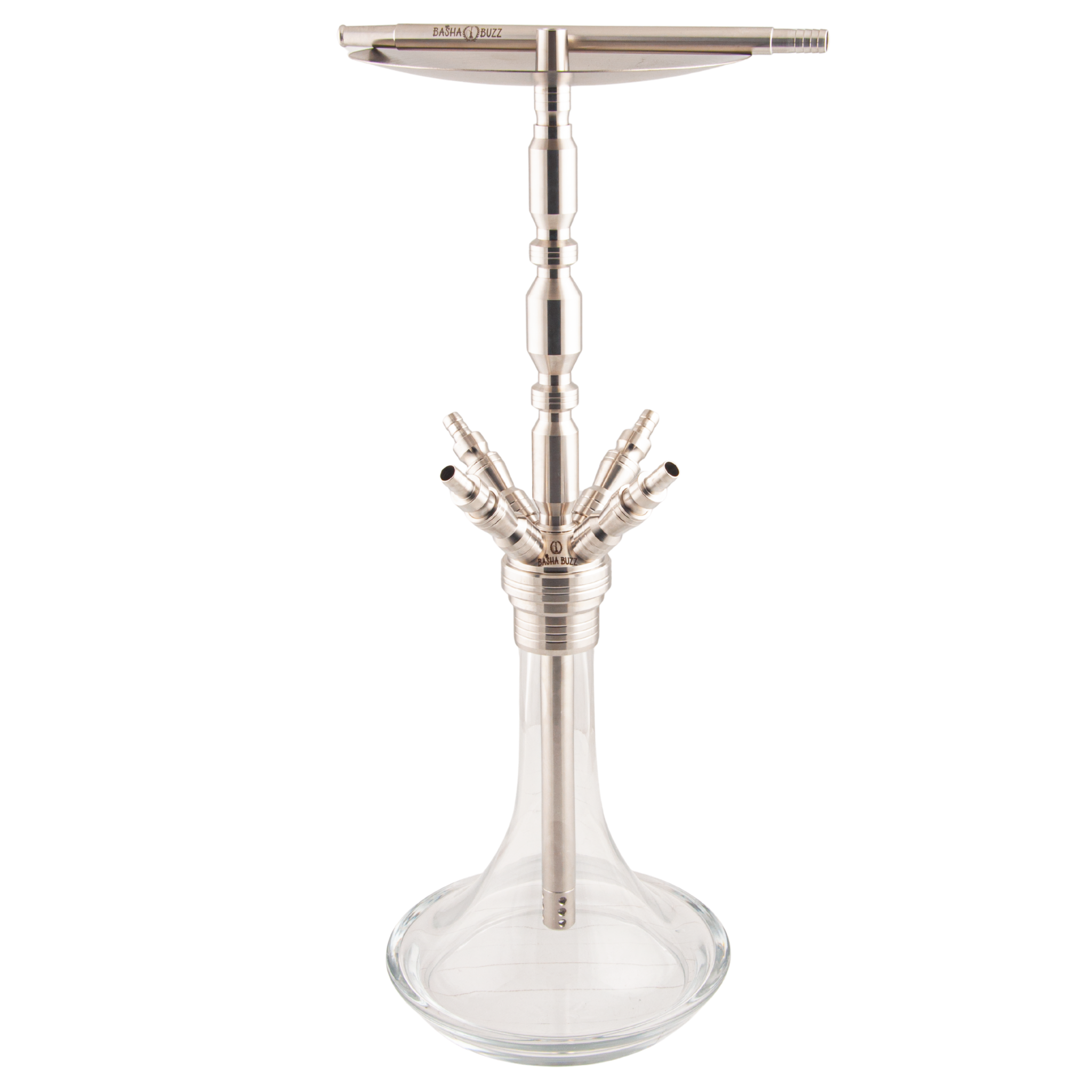Basha Buzz Quad Sultan hookah four-port stainless manifold with tray and mouthpiece — The Premium Way