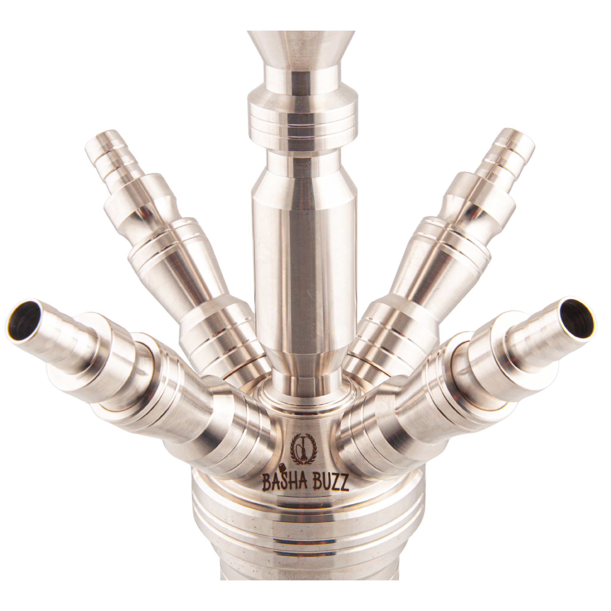 Basha Buzz Quad Sultan hookah four stainless steel hose ports close-up — The Premium Way