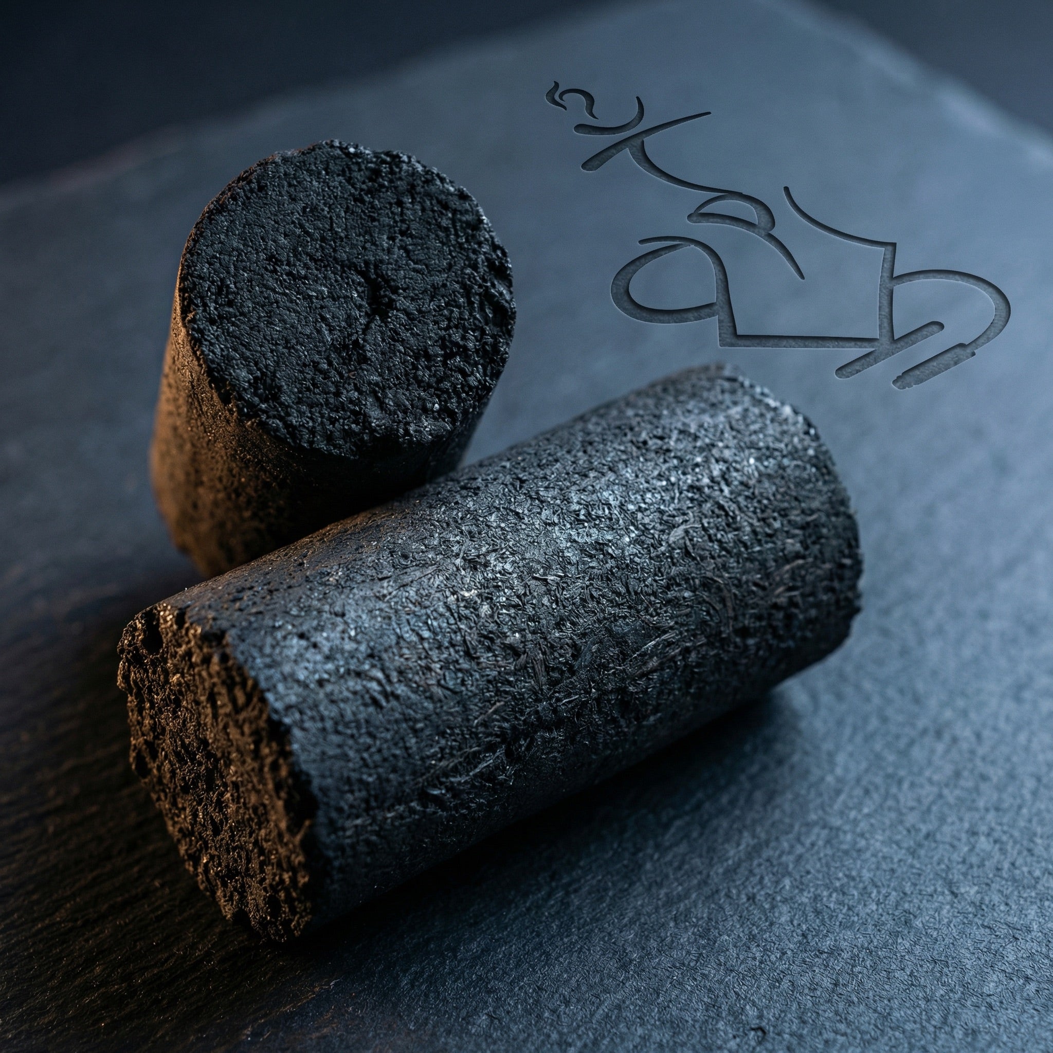 Macro detail of two Cerberus Coco Finger coconut charcoal cylinders on dark slate showing compressed coconut shell surface texture and dense solid cross-section