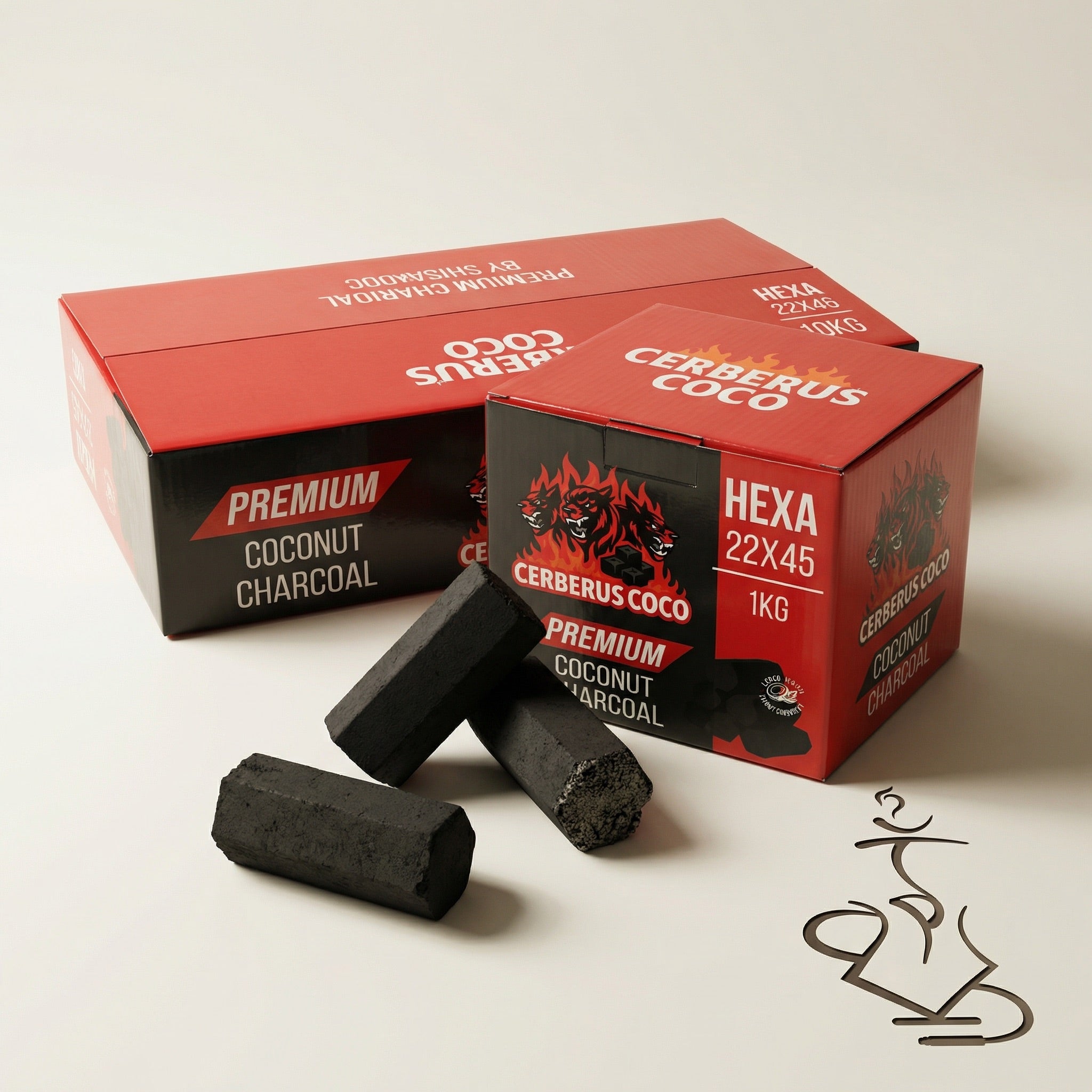 Cerberus Coco Hexa 22×45mm coconut charcoal 1kg and 10kg retail boxes with loose hexagonal coal pieces on a warm white studio background