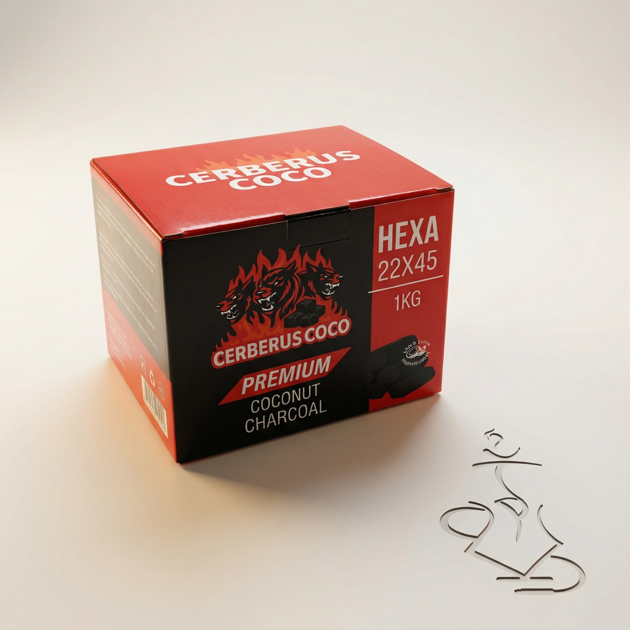 Cerberus Coco Hexa 22×45mm 1kg retail box at a three-quarter angle showing red and black branded packaging on a warm white studio background