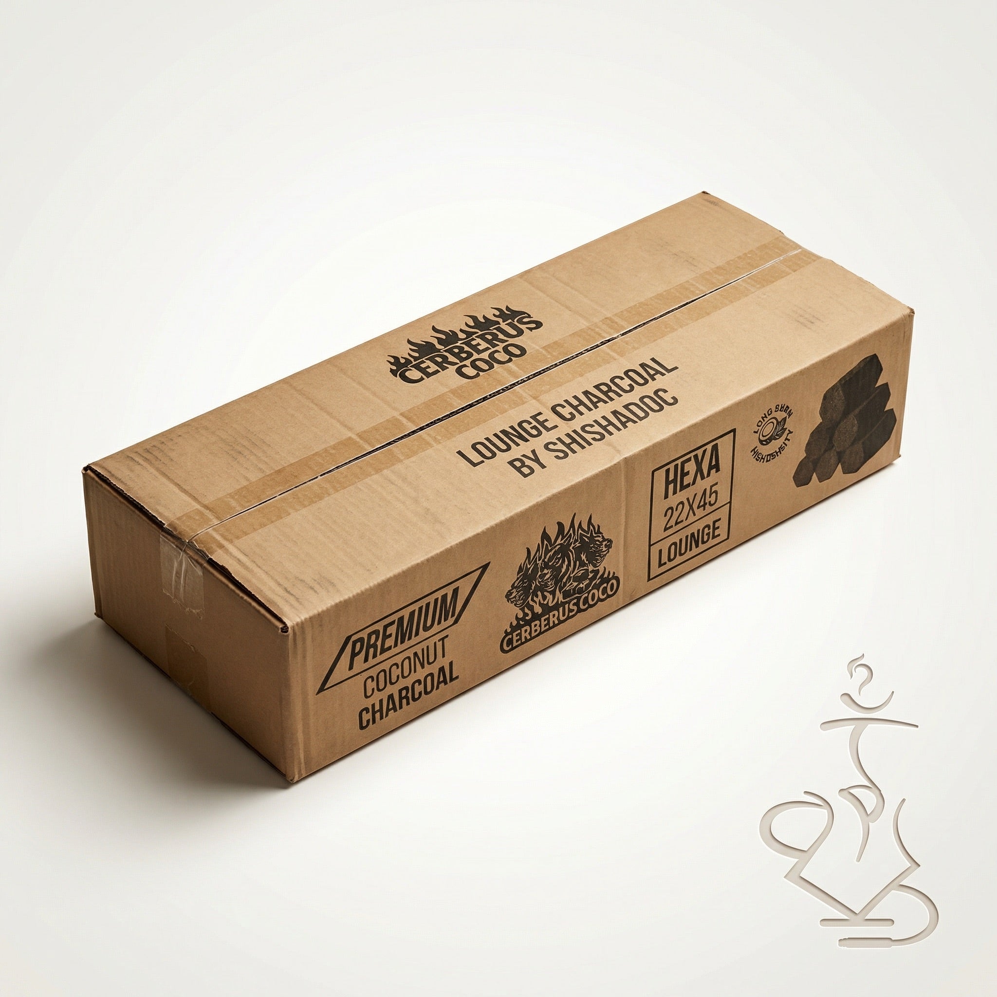 Cerberus Coco Hexa 22×45mm coconut charcoal 10kg lounge box in kraft brown packaging showing Premium Coconut Charcoal branding and Hexa 22×45 Lounge designation