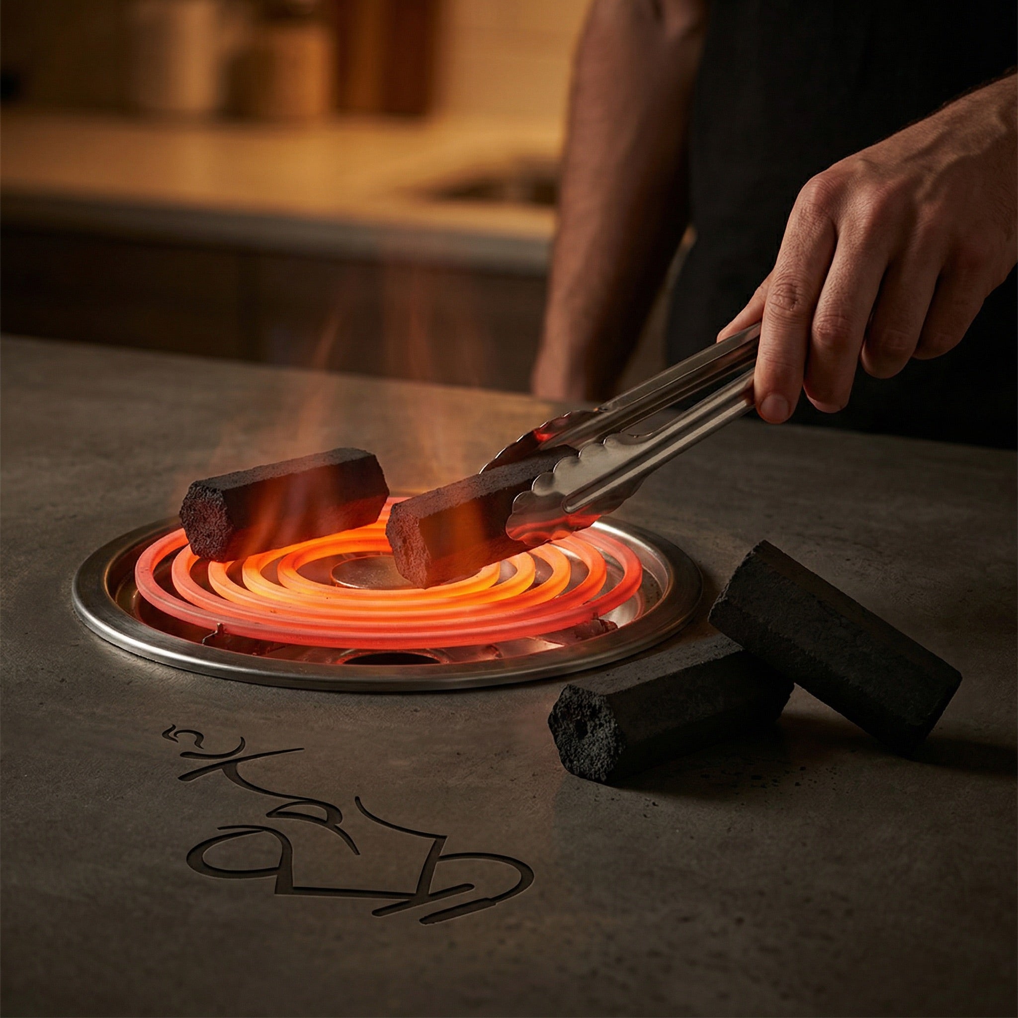 Cerberus Coco Hexa hexagonal coconut charcoal pieces heating on a glowing electric burner coil with hand placing coal using stainless steel tongs during hookah session preparation