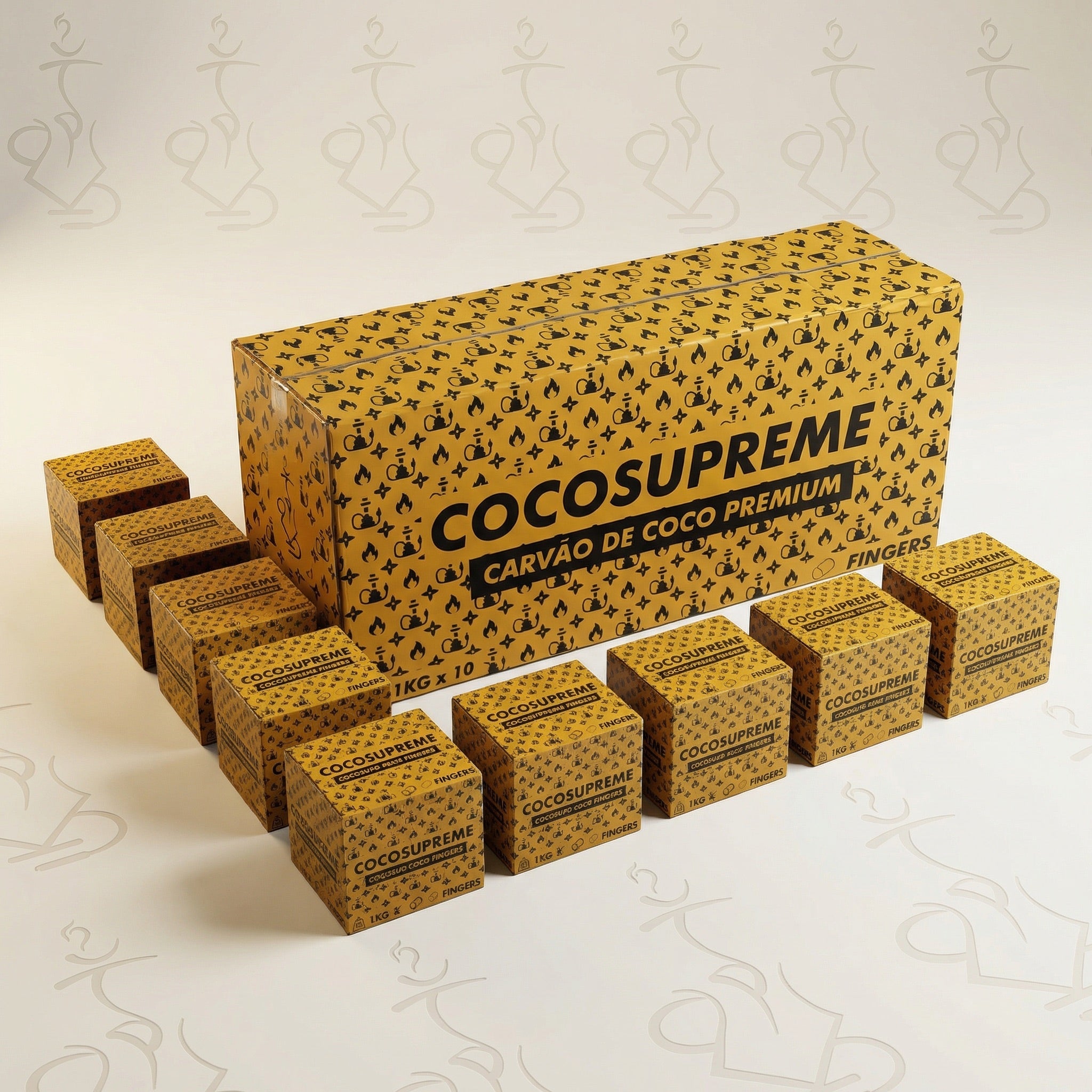 Cocosupreme Fingers 10kg master carton with ten individual 1kg boxes arranged around it on a warm white studio background showing the full pack contents.
