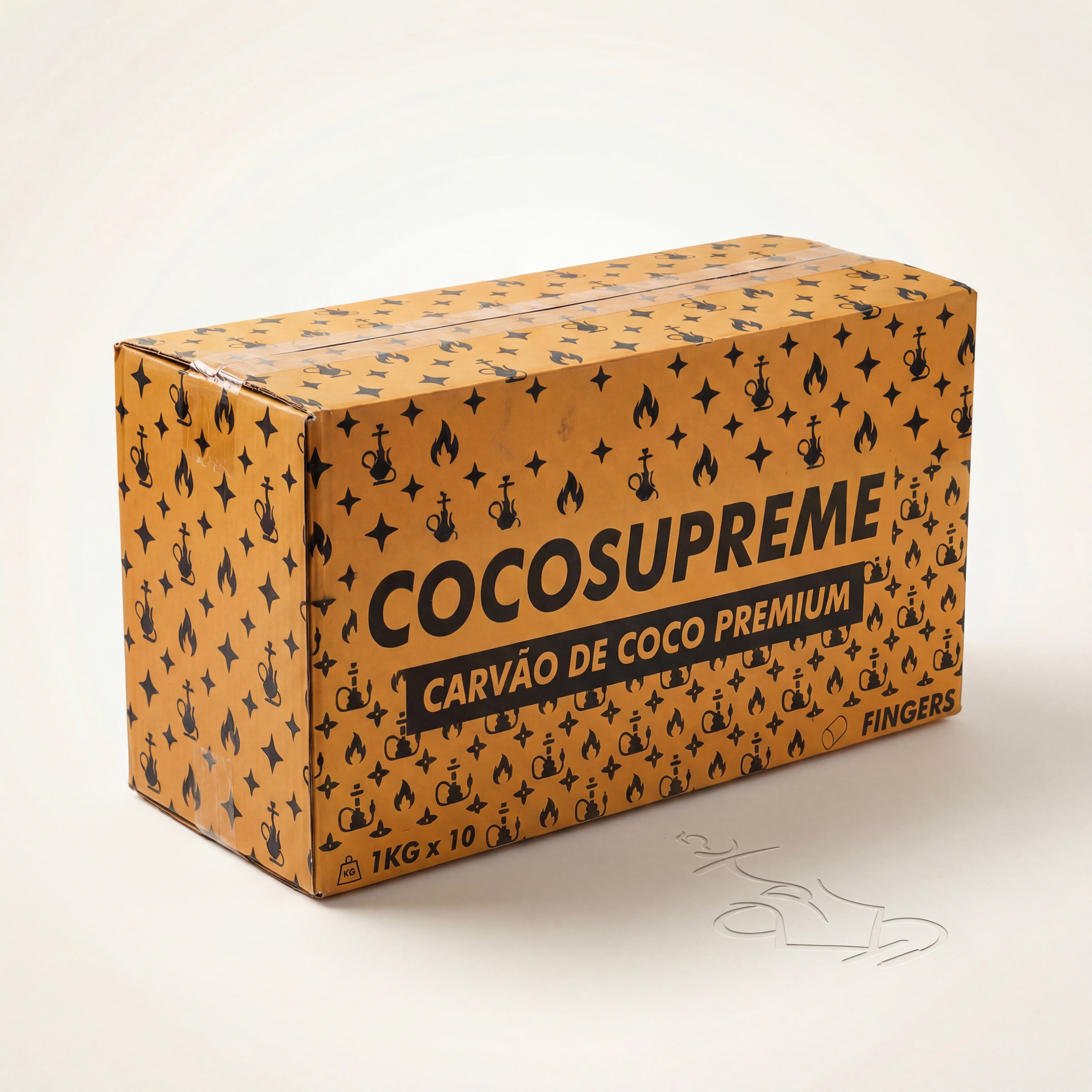 Cocosupreme Fingers 10kg coconut charcoal master carton in amber-orange with black hookah monogram pattern on a warm white studio background.