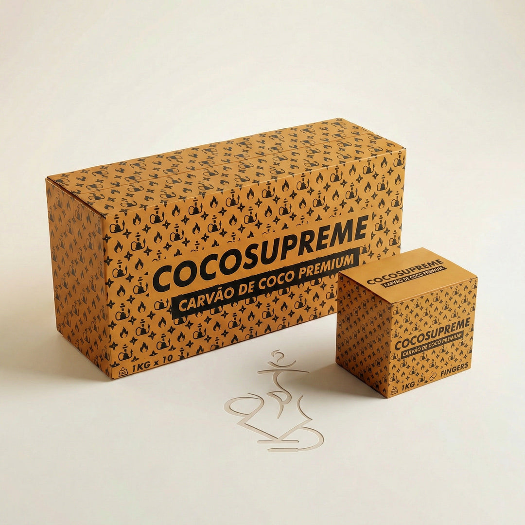 Cocosupreme Fingers coconut charcoal 1kg and 10kg boxes together on a warm white studio background showing the size difference between formats.