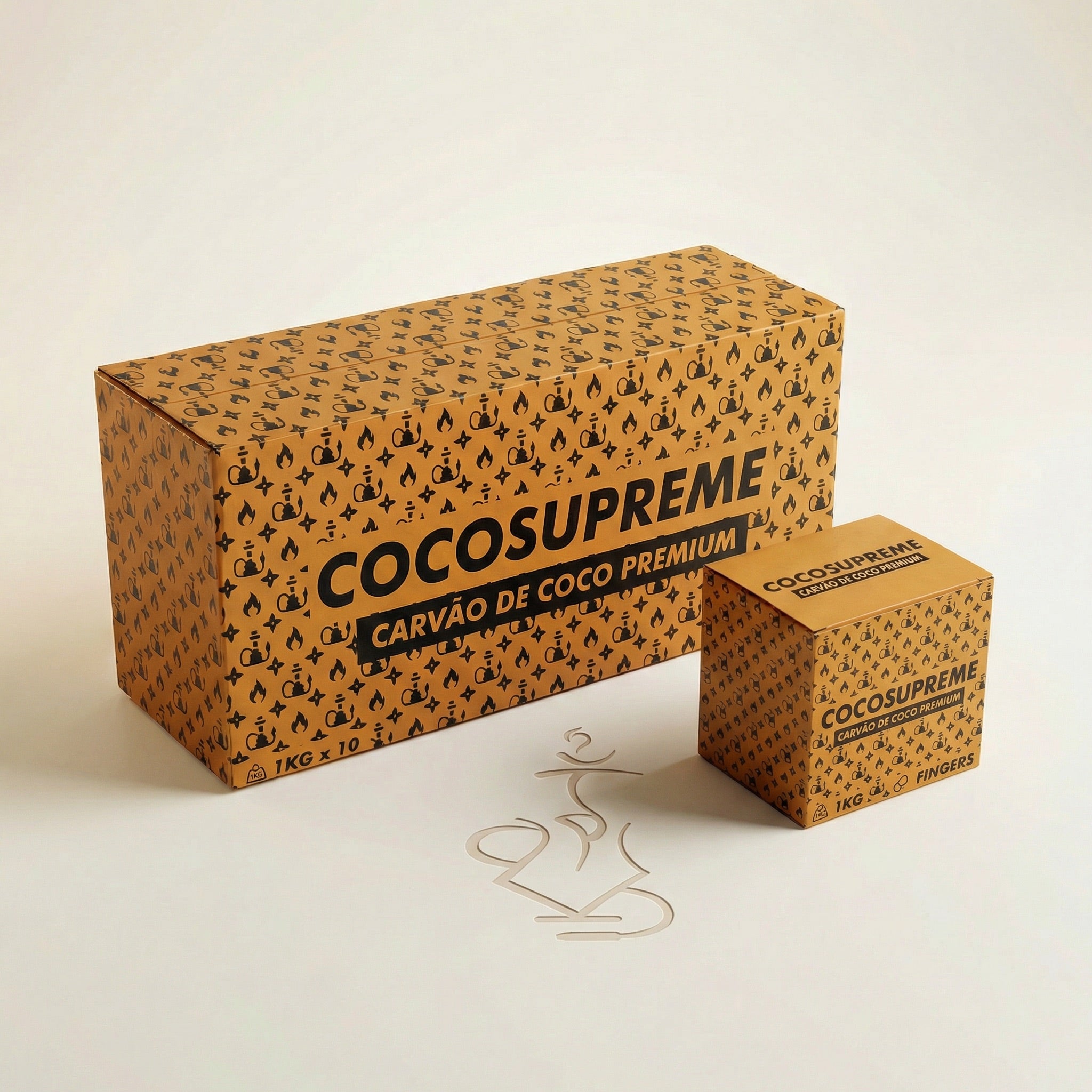 Cocosupreme Fingers coconut charcoal 1kg and 10kg boxes together on a warm white studio background showing the size difference between formats.