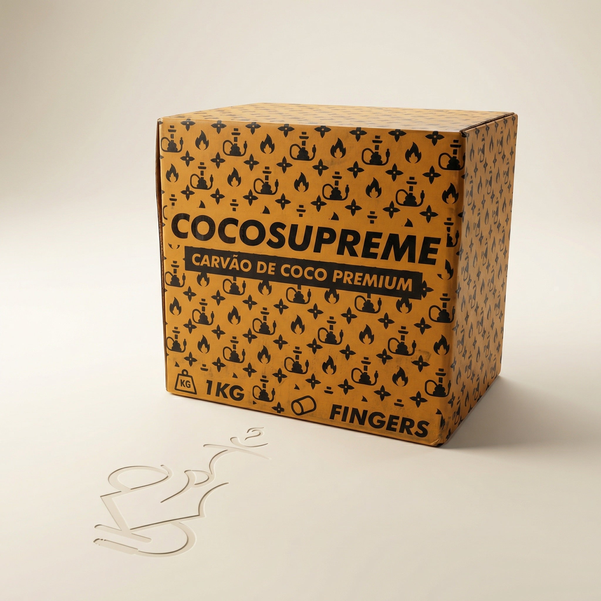 Cocosupreme Fingers 1kg coconut charcoal box in amber-orange with black hookah monogram pattern on a warm white studio background.