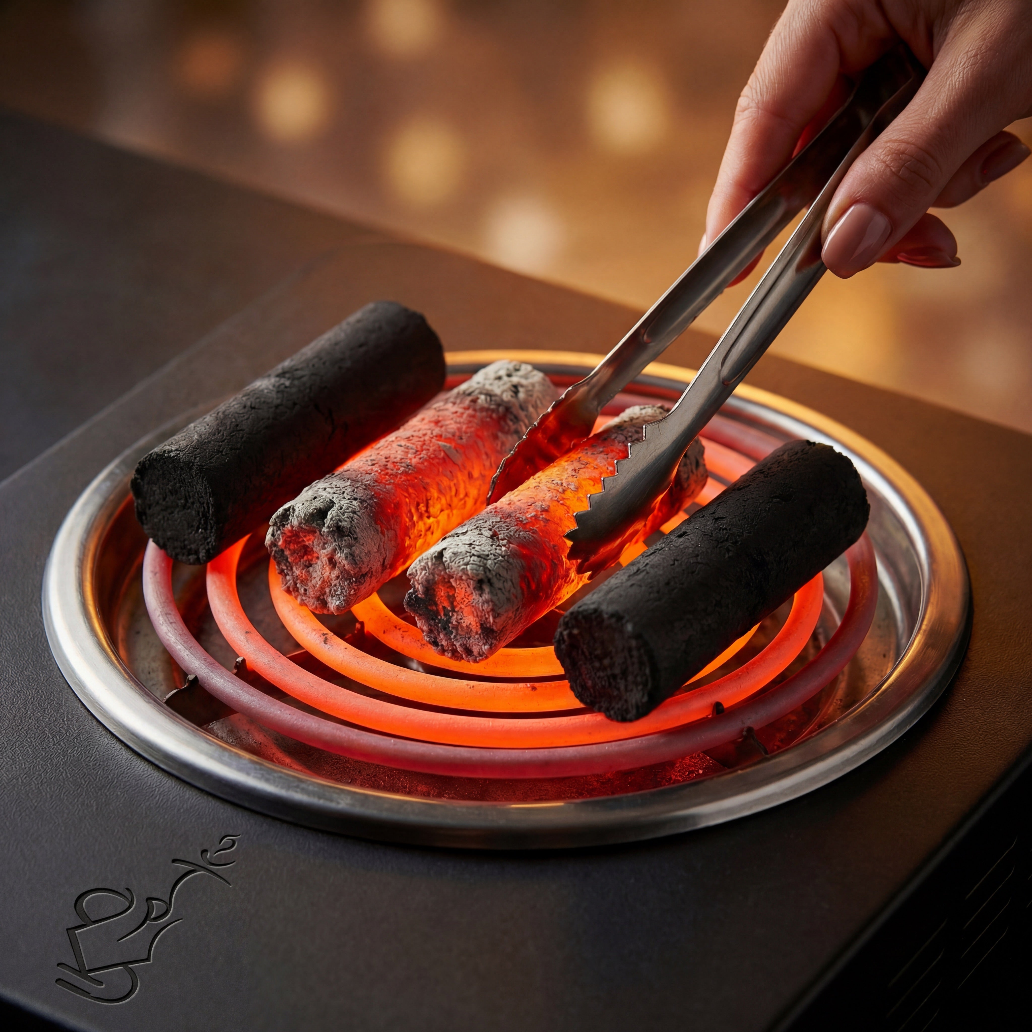 Cocosupreme Fingers coconut charcoal pieces lighting on an electric burner coil with a hand rotating a piece using tongs in a warm ambient session prep setting.