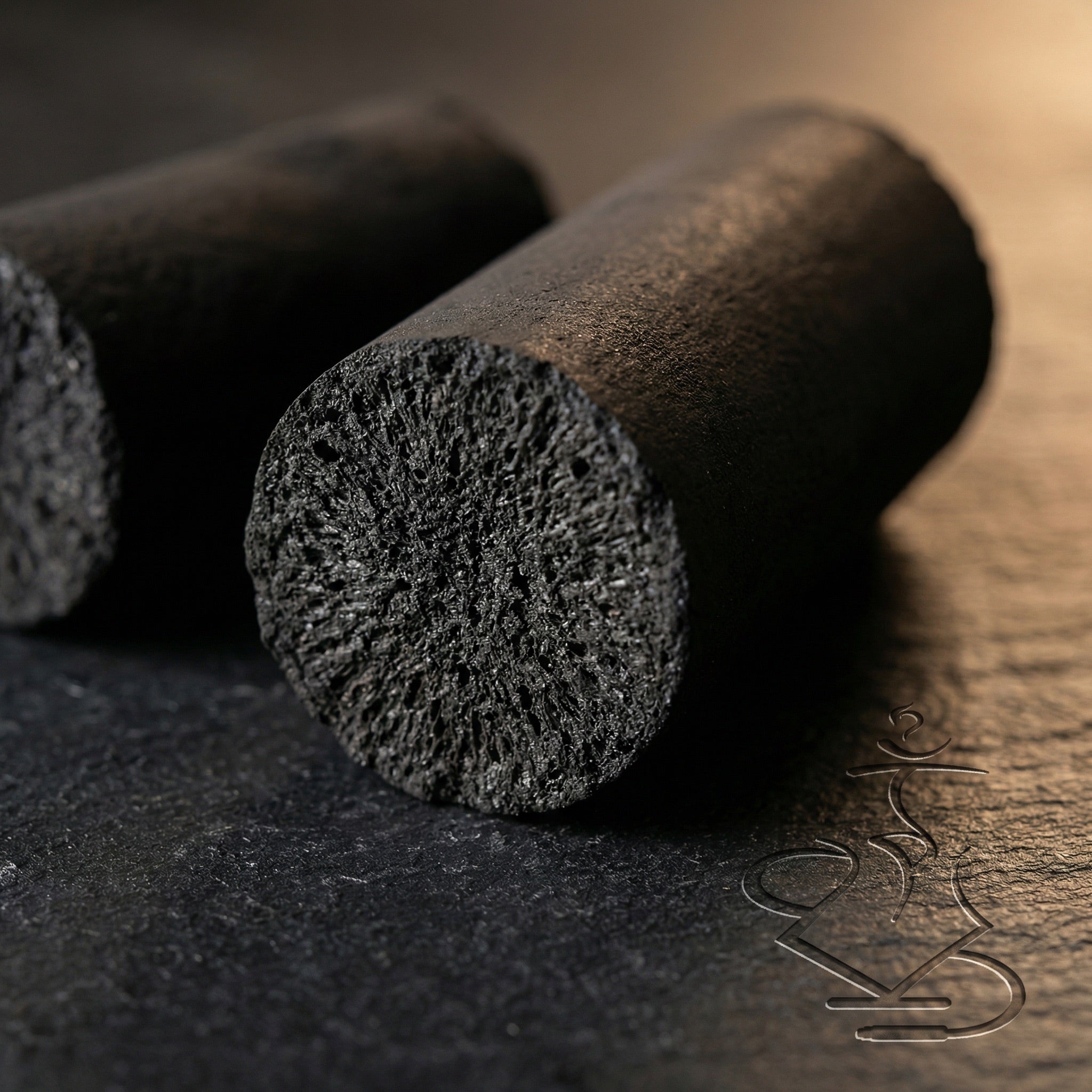 Macro close-up of a Cocosupreme Fingers coconut charcoal piece showing the dense solid pressed coconut fibre cross-section on a dark slate surface.