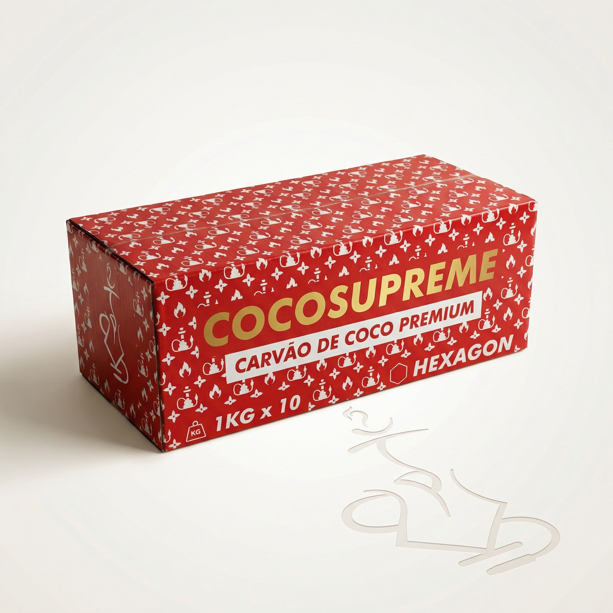 Cocosupreme Hexagon 10kg coconut charcoal master carton in bold red with white hookah monogram pattern and gold branding on a warm white studio background.
