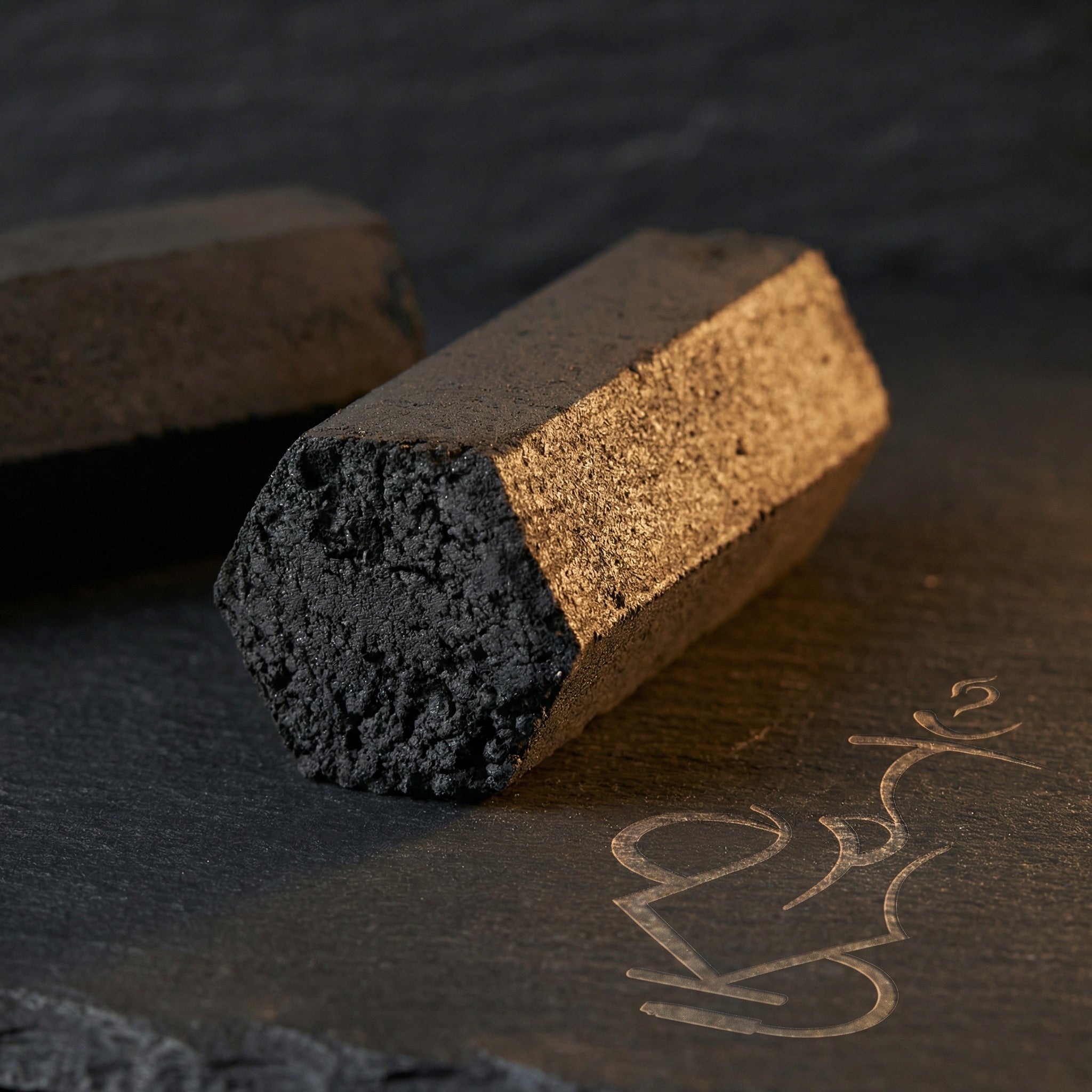 Macro close-up of a Cocosupreme Hexagon coconut charcoal piece showing the solid six-sided profile and pressed coconut fibre end texture on a dark slate surface.