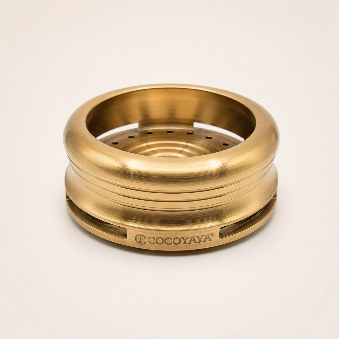 Cocoyaya Pro 5 stainless steel HMD in brushed gold finish, three-quarter studio view showing slot vents and COCOYAYA branding