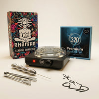 Complete shisha prep kit bundle photographed in a warm white studio, featuring the 320 electric charcoal burner, Shaman Hexa 1kg coconut charcoal, 320 premium hookah foil, Smoothpoke poker and tongs, available at The Premium Way Melbourne.