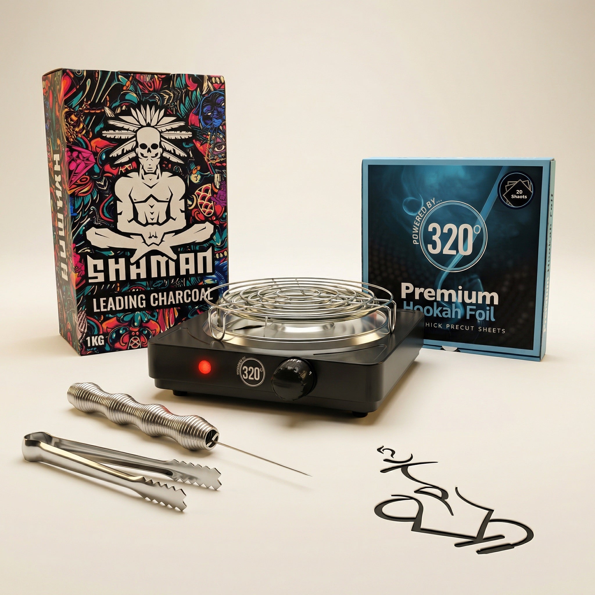 Complete shisha prep kit bundle photographed in a warm white studio, featuring the 320 electric charcoal burner, Shaman Hexa 1kg coconut charcoal, 320 premium hookah foil, Smoothpoke poker and tongs, available at The Premium Way Melbourne.