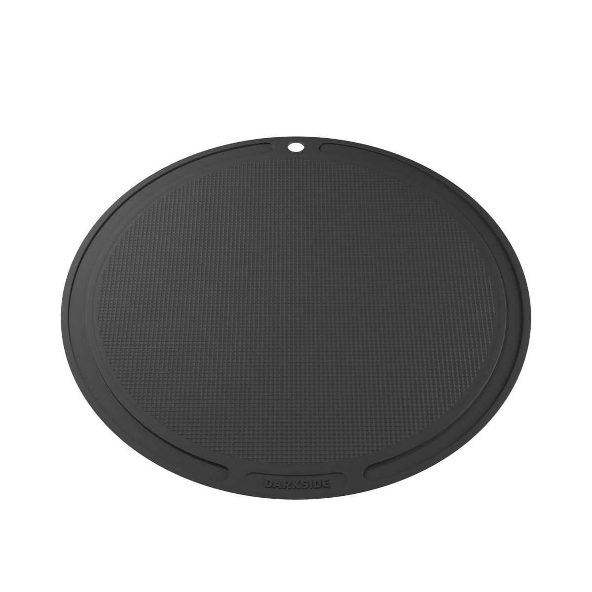 Darkside D-Flat black mat shown at a gentle angle highlighting its raised rim and centre hole