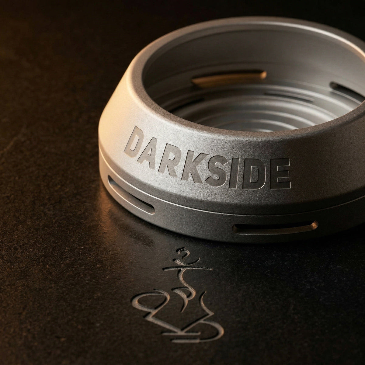 Darkside D-Heater Silver HMD isolated on pure white, showing the full lidless aluminium ring and concentric interior coal platform., image 20 of 21