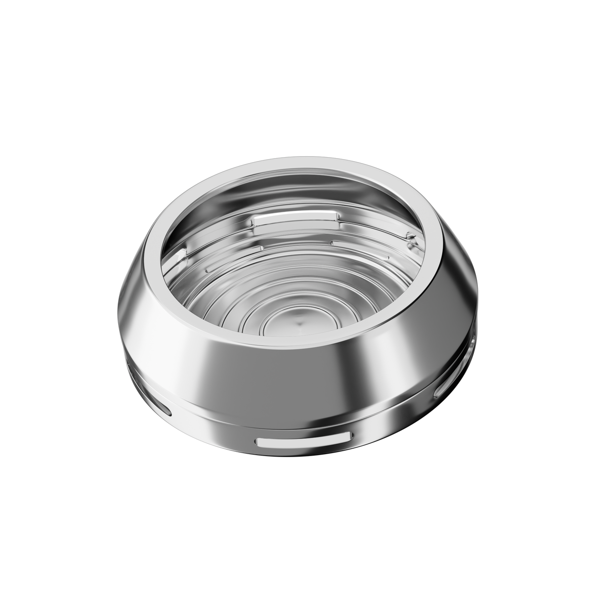 Darkside D-Heater Pro heat management device, angled view showing polished silver finish and ridged internal rings