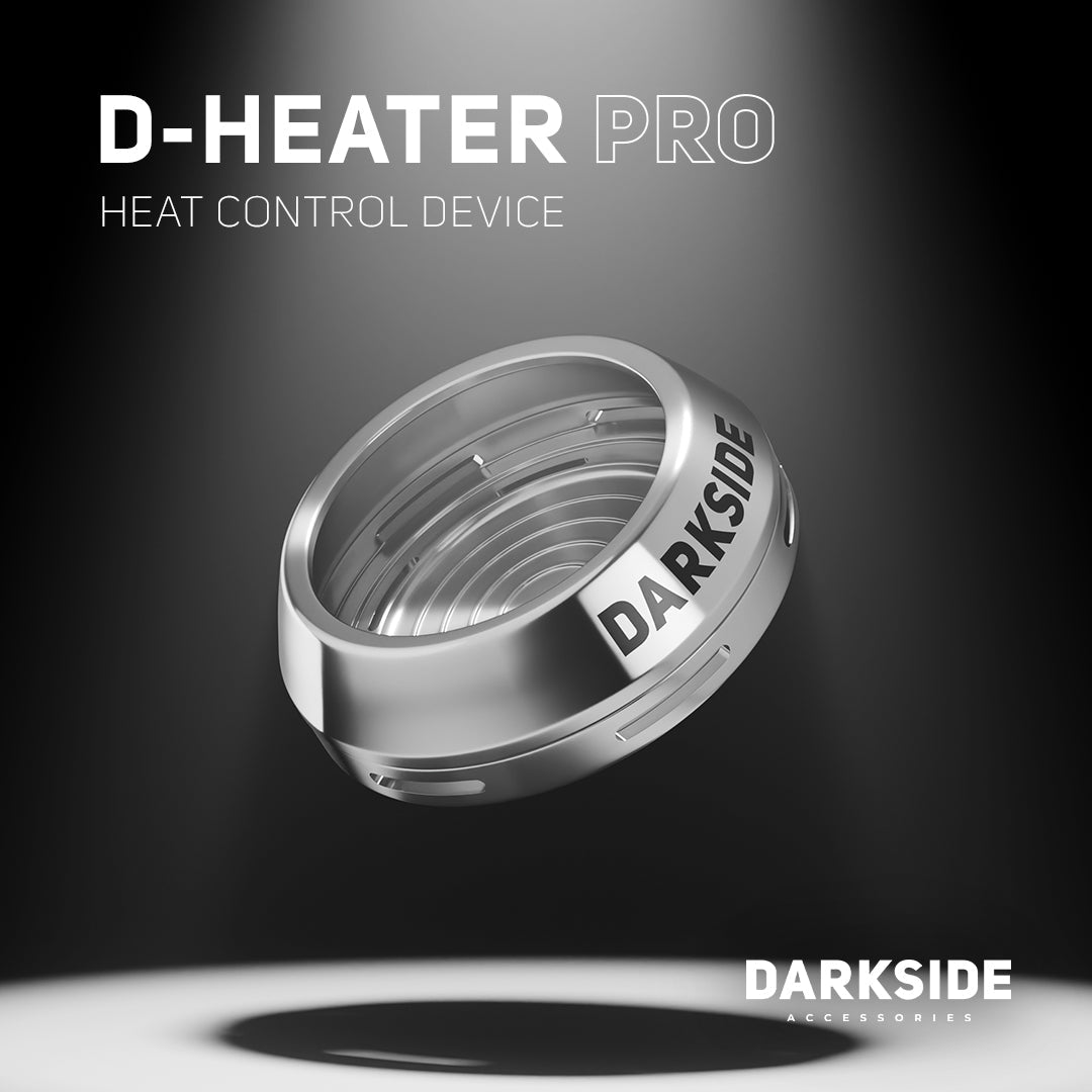 Darkside D-Heater Pro heat management device floating in a dark studio shot with the Darkside Accessories logo