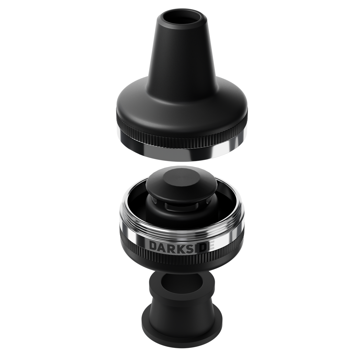Darkside D-CATCHER PRO black molasses catcher, exploded view of top cone, threaded ring and base connector