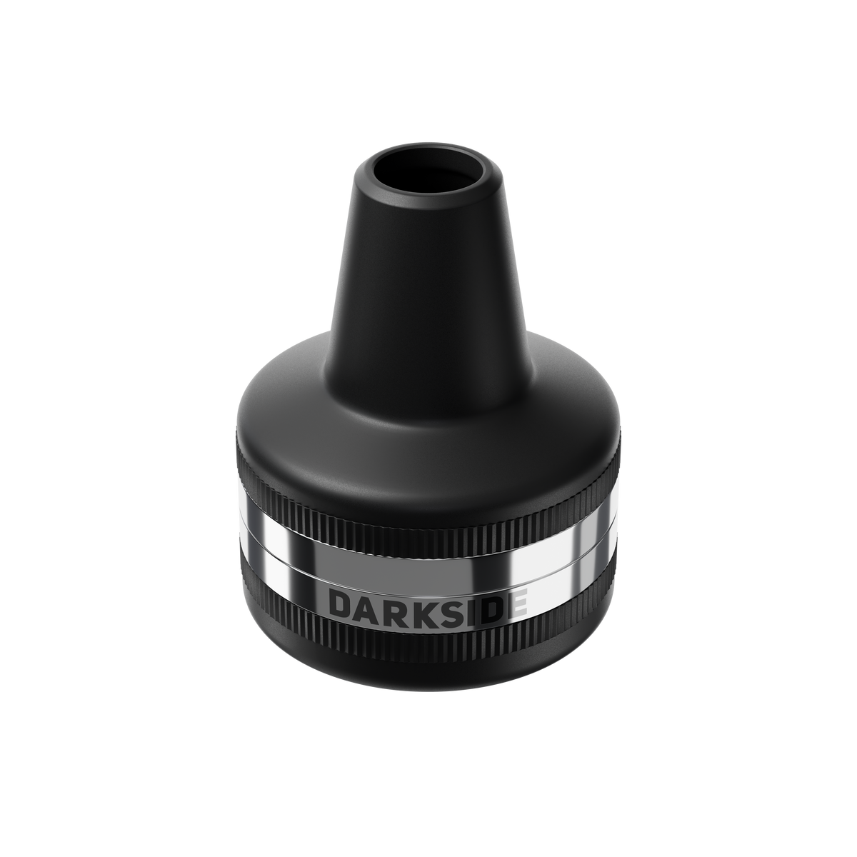 Darkside D-CATCHER PRO black molasses catcher, assembled front view with chrome threaded band and funnel top