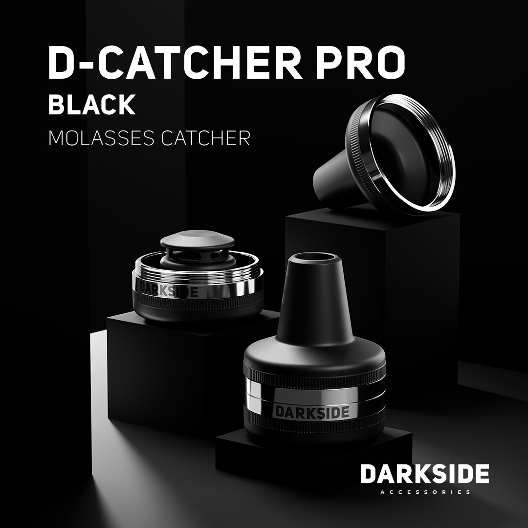 Darkside D-CATCHER PRO black molasses catcher, three product views on a dark branded background