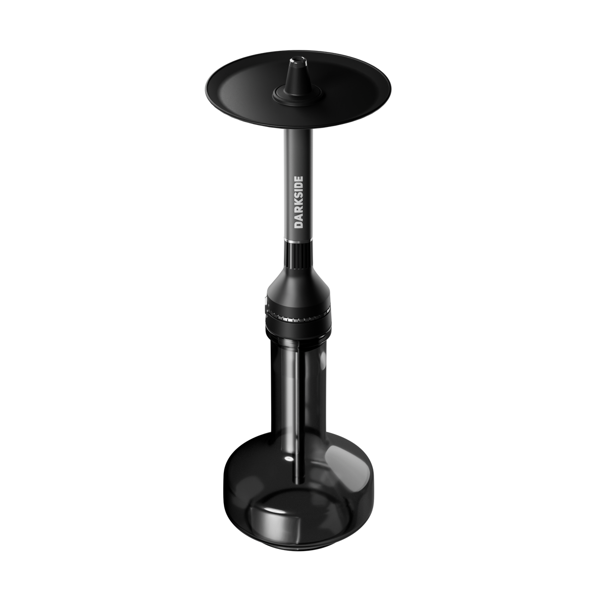 Darkside NEO grey shisha stem fitted to the black D-Glass base, front view on white background
