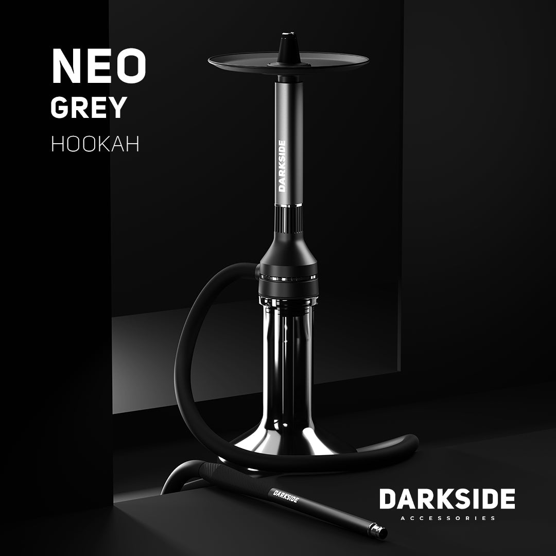 Darkside NEO grey shisha promotional shot with hose on dark background, branding overlaid