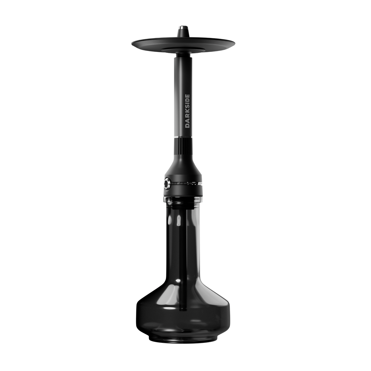 Darkside NEO grey shisha stem on the black glass base, angled view on a white background